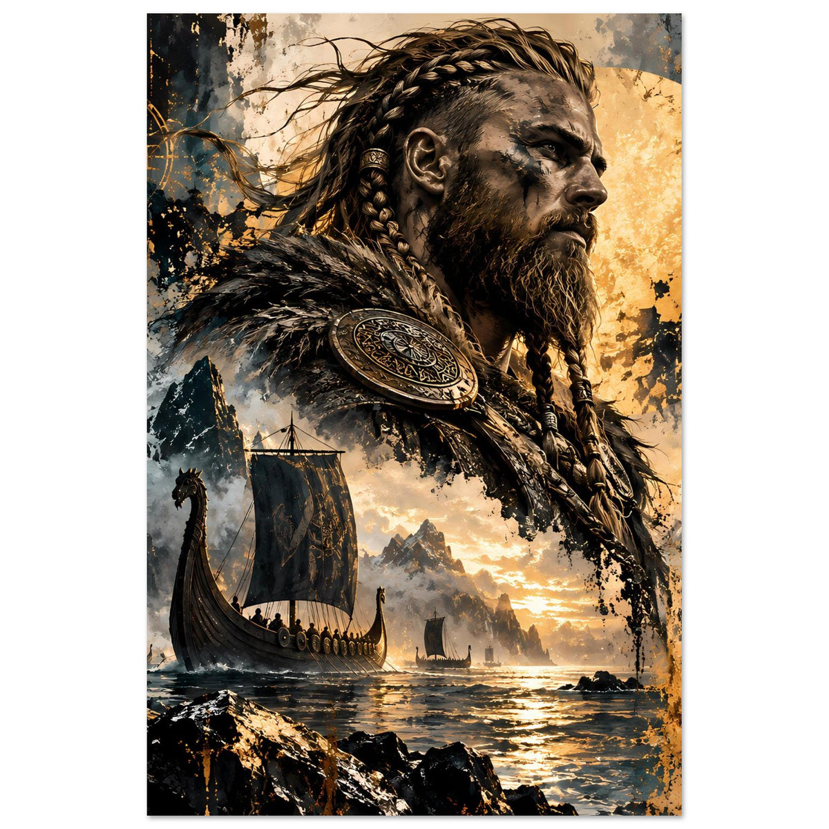 Vikingkrieger-Poster im Hochformat: bärtiger Krieger mit Schild und geflochtenen Haaren