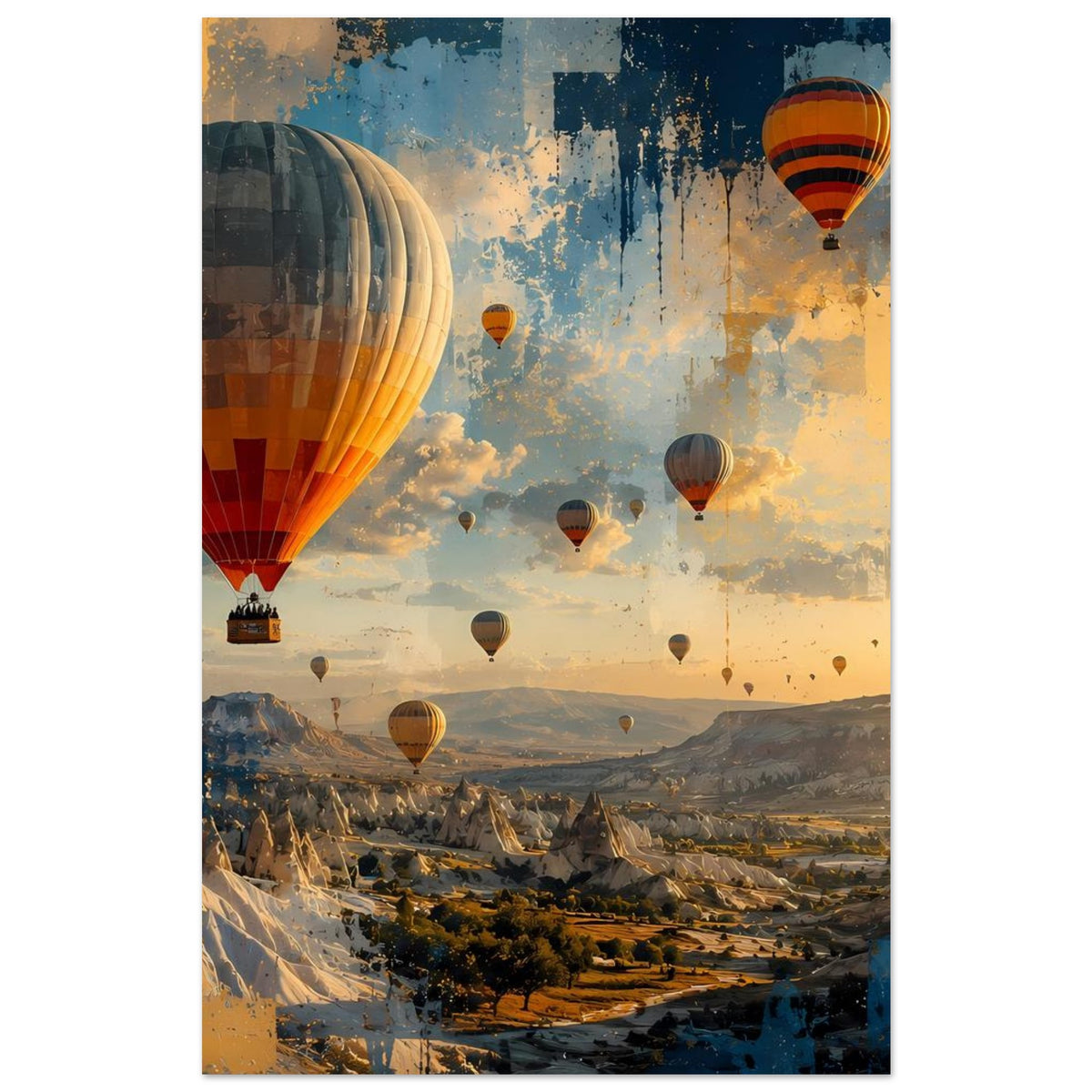 Heißluftballon-Landschaftsposter, großer Ballon links und weitere Ballons über einer Schlucht