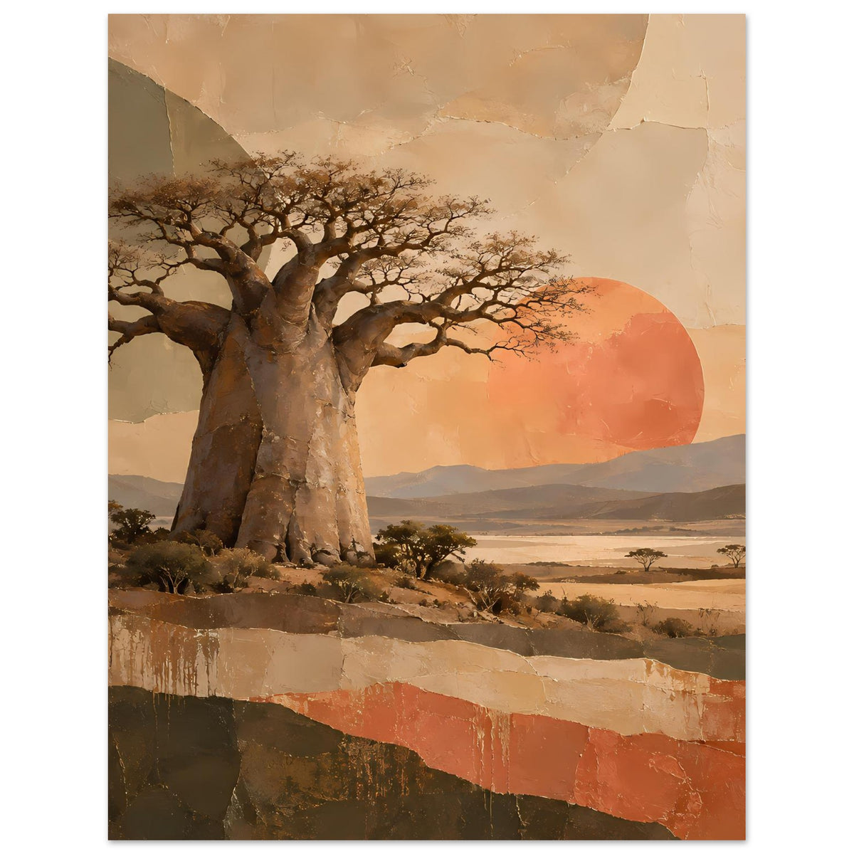 Naturposter: großer Baobab-Baum im Vordergrund, orangefarbener Sonnenball, weite Landschaft