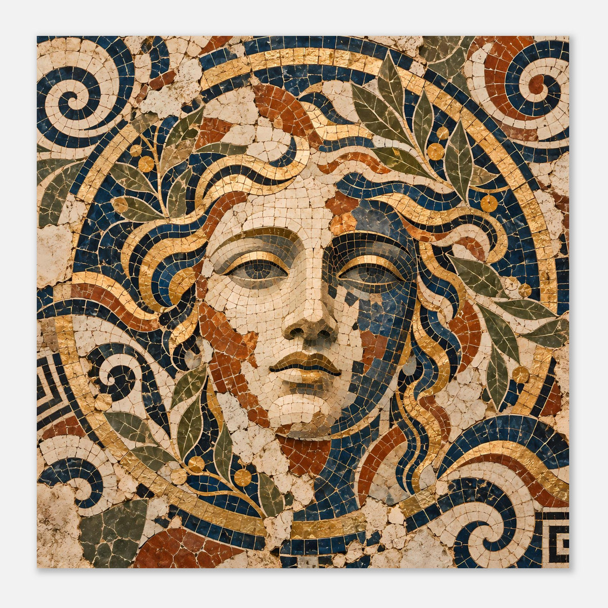 Quadratisches Poster mit Mosaik-Göttin: Gesicht im Stil antiker Fliesenornamente