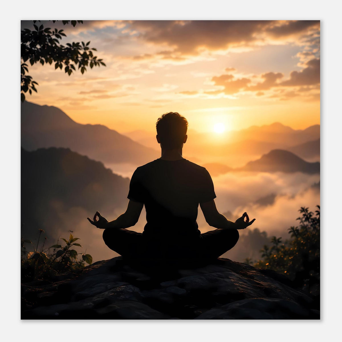 Poster mit Meditationssilhouette im Sonnenuntergang, Berge im Dunst, warme Farbverläufe