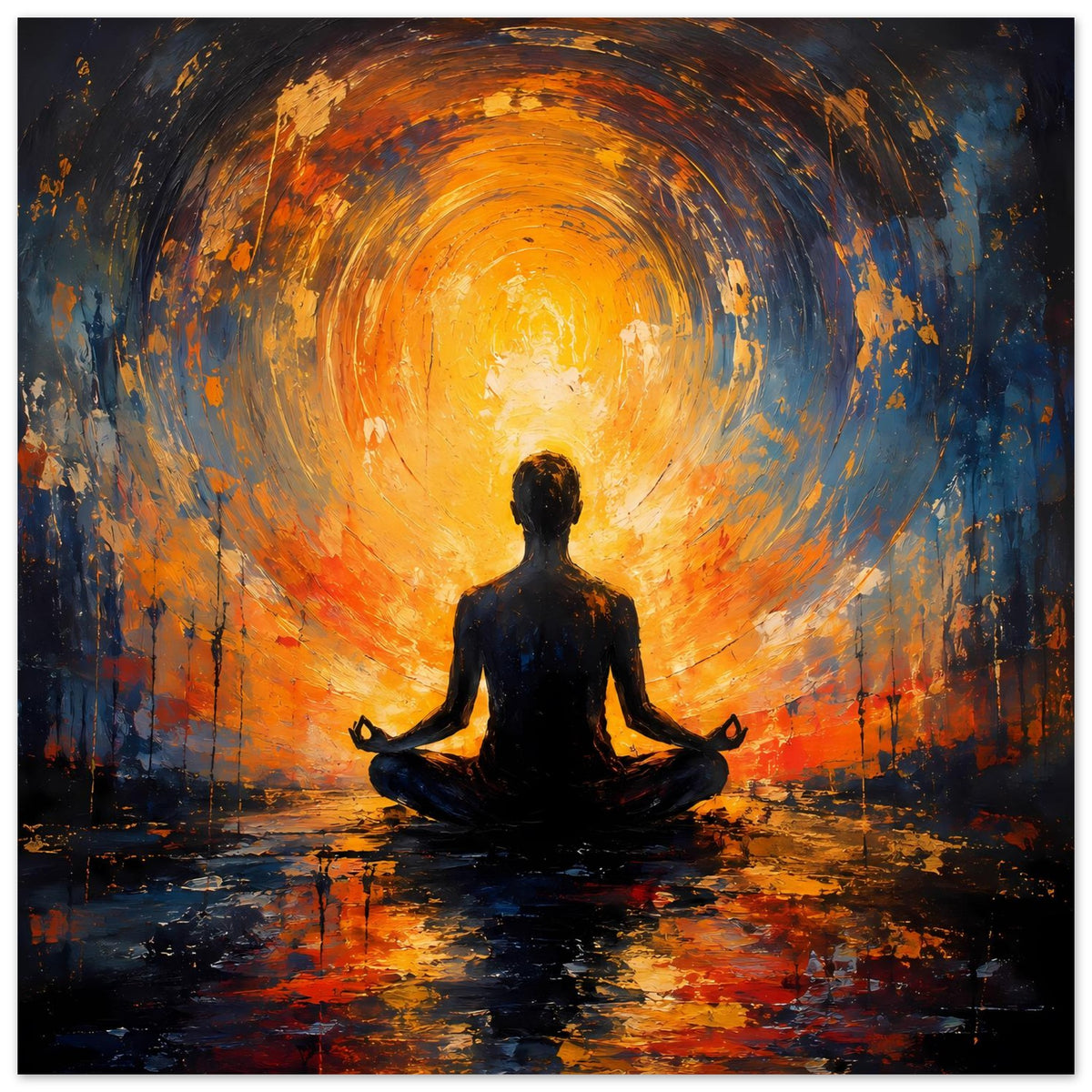 Abstraktes Poster mit Meditationsfigur in dunkler Silhouette vor orangefarbenem Lichtkreis