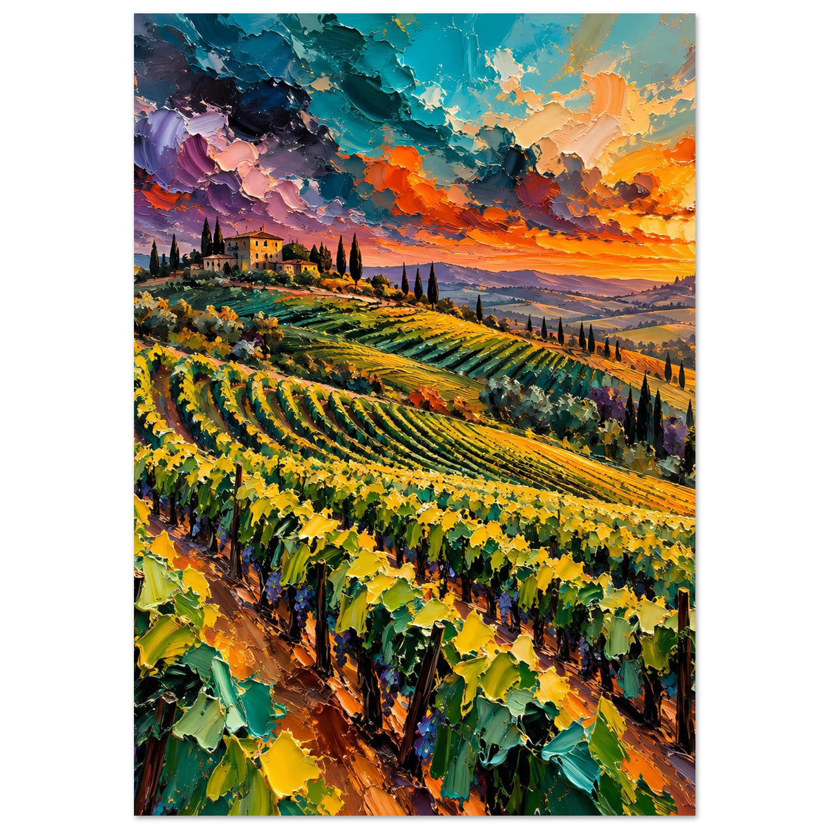 Landschaftsposter mit Weinberg in Gelb- und Grüntönen, Weite Landschaft im Sonnenuntergang