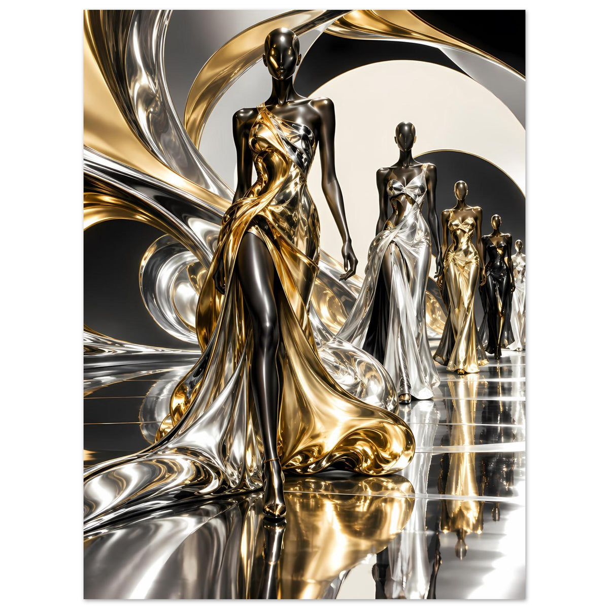 Poster mit goldener und silberner Figurengruppe in Metallic-Optik und Reflexionen