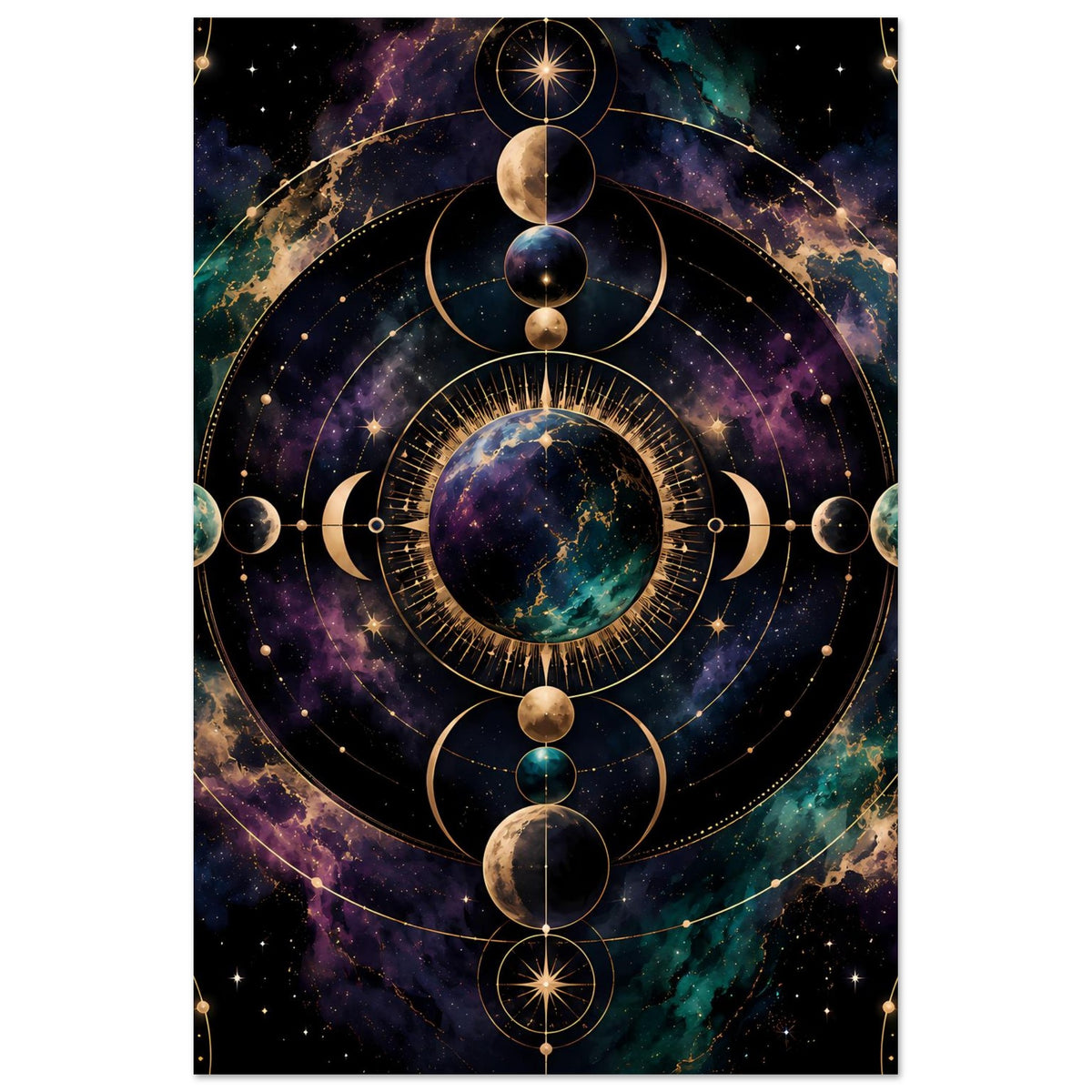 Poster mit kosmischer Mondphasen-Grafik, zentraler Planet, goldene Linien und Sternenstaub