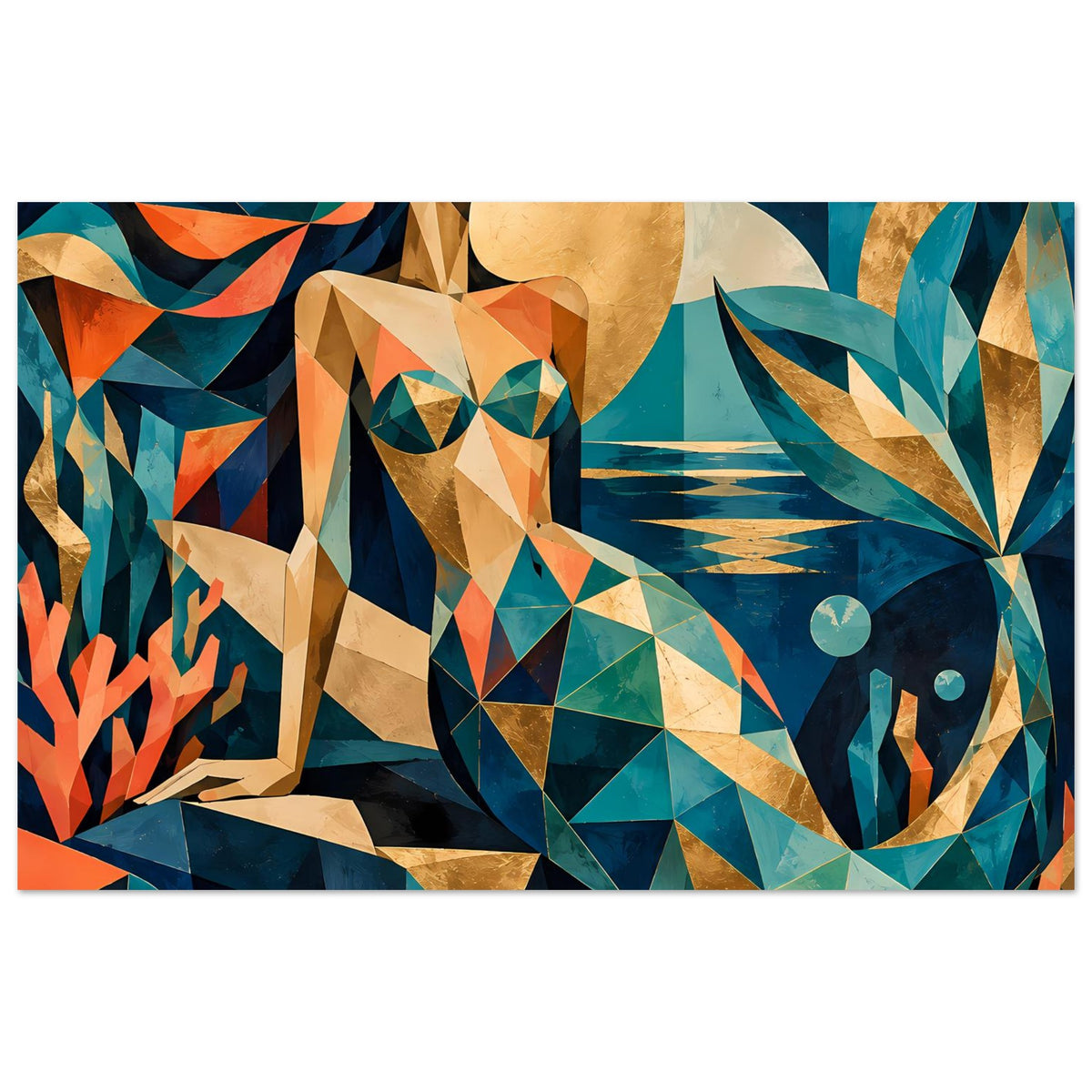 Kunstposter mit geometrischer Meerjungfrau in Türkis und Koralle, Querformat
