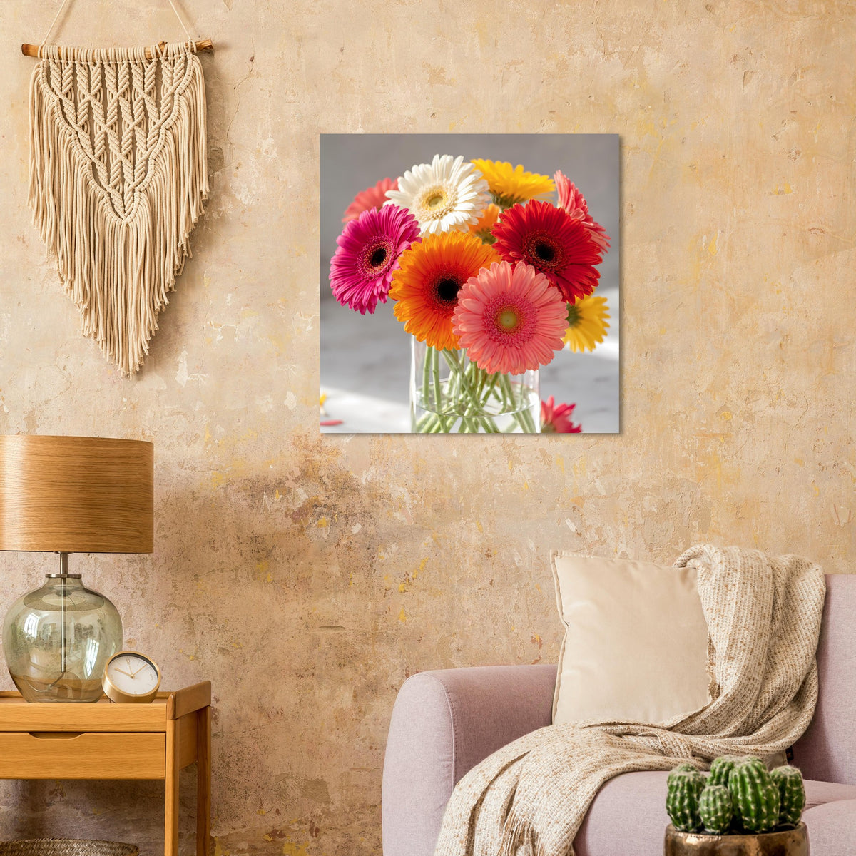Wandposter mit buntem Gerbera-Blumenstrauß in Vase, quadratisch