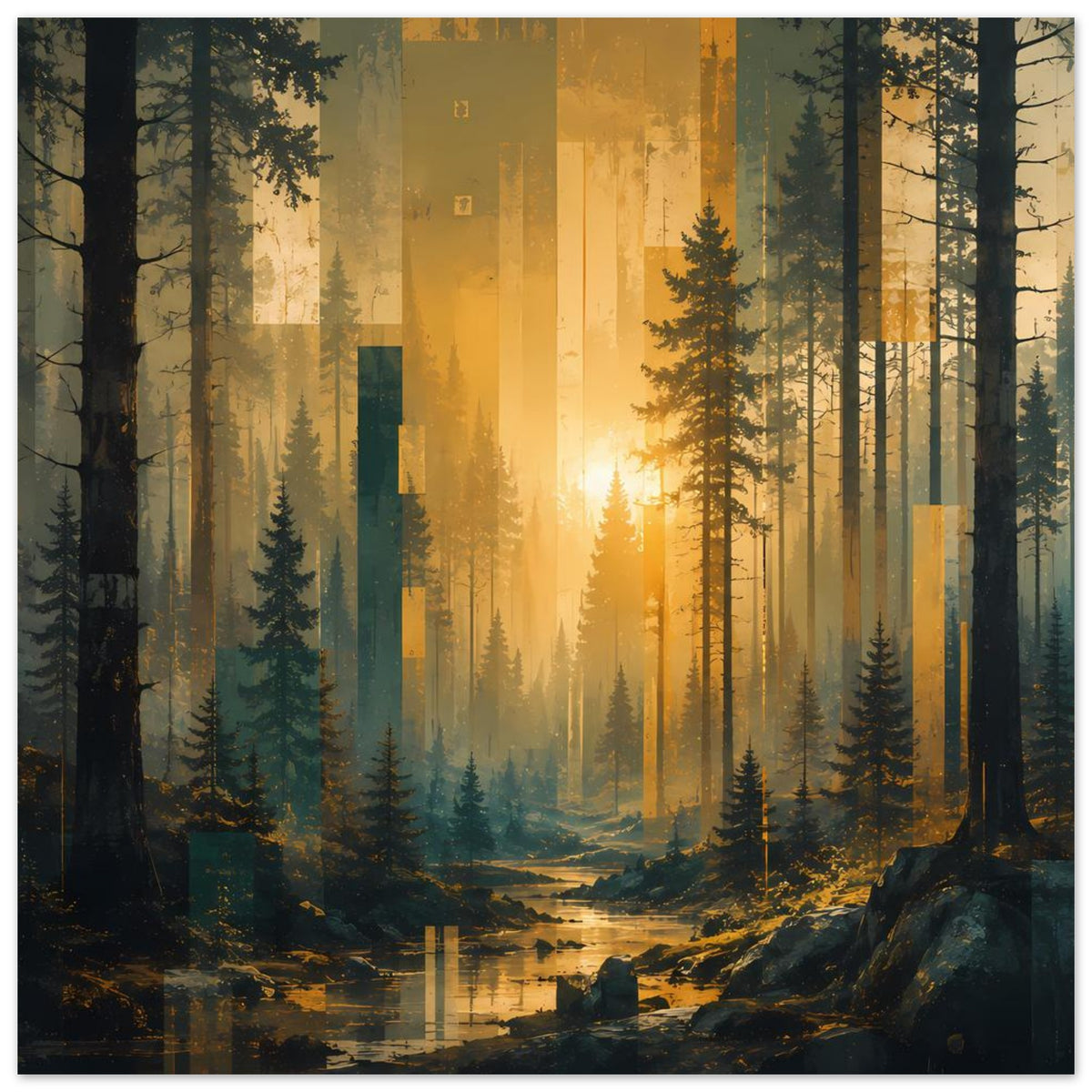 Wandposter Waldlandschaft mit warmem Sonnenaufgang, Tannen, Bachlauf und Felsen