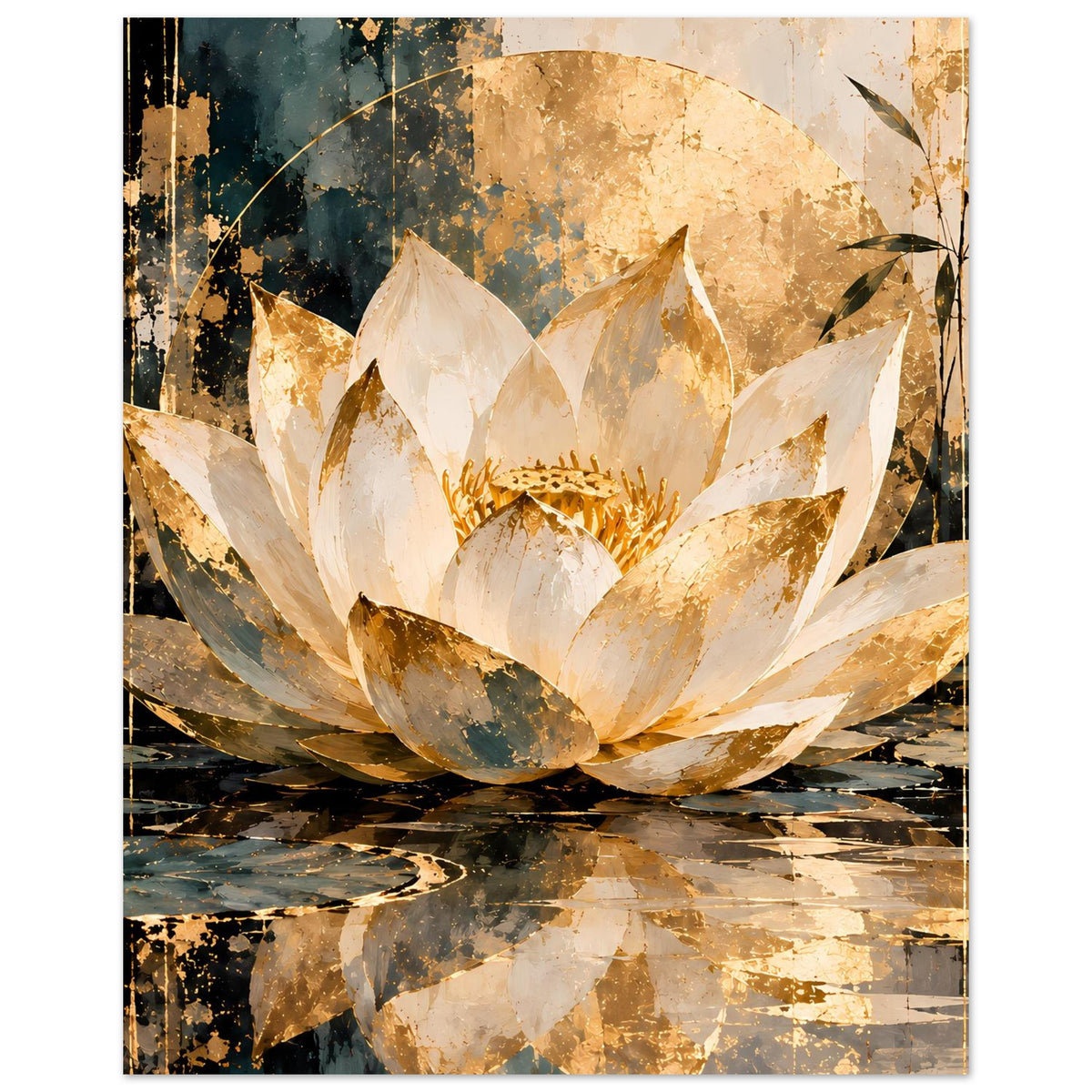 Poster mit Lotusblüte in Creme und Gold, Fokus auf Blütenform und Mitte