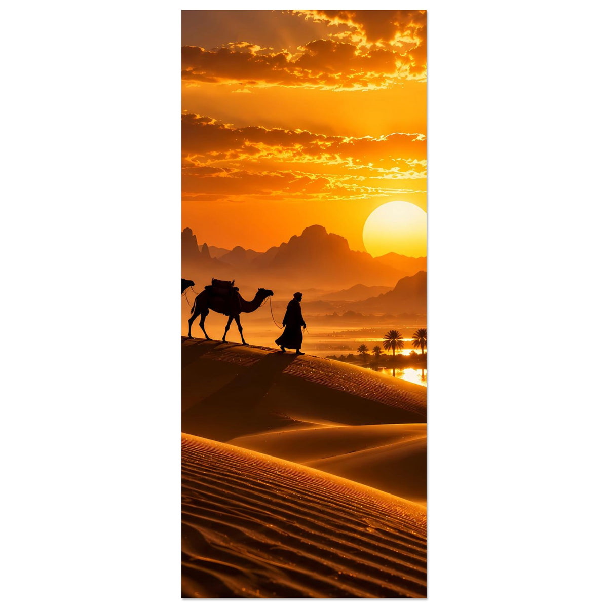Vertikales Premium Poster mit Karawane auf Dünen, Kamele und Reiter bei Sonnenuntergang