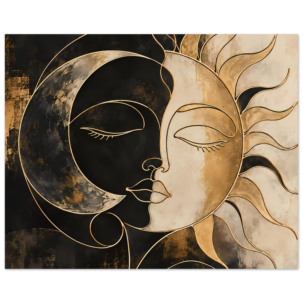 Kunstposter mit Yin-Yang-Gesichtern: dunkler Mond links, helle Sonne rechts mit Linienornamenten