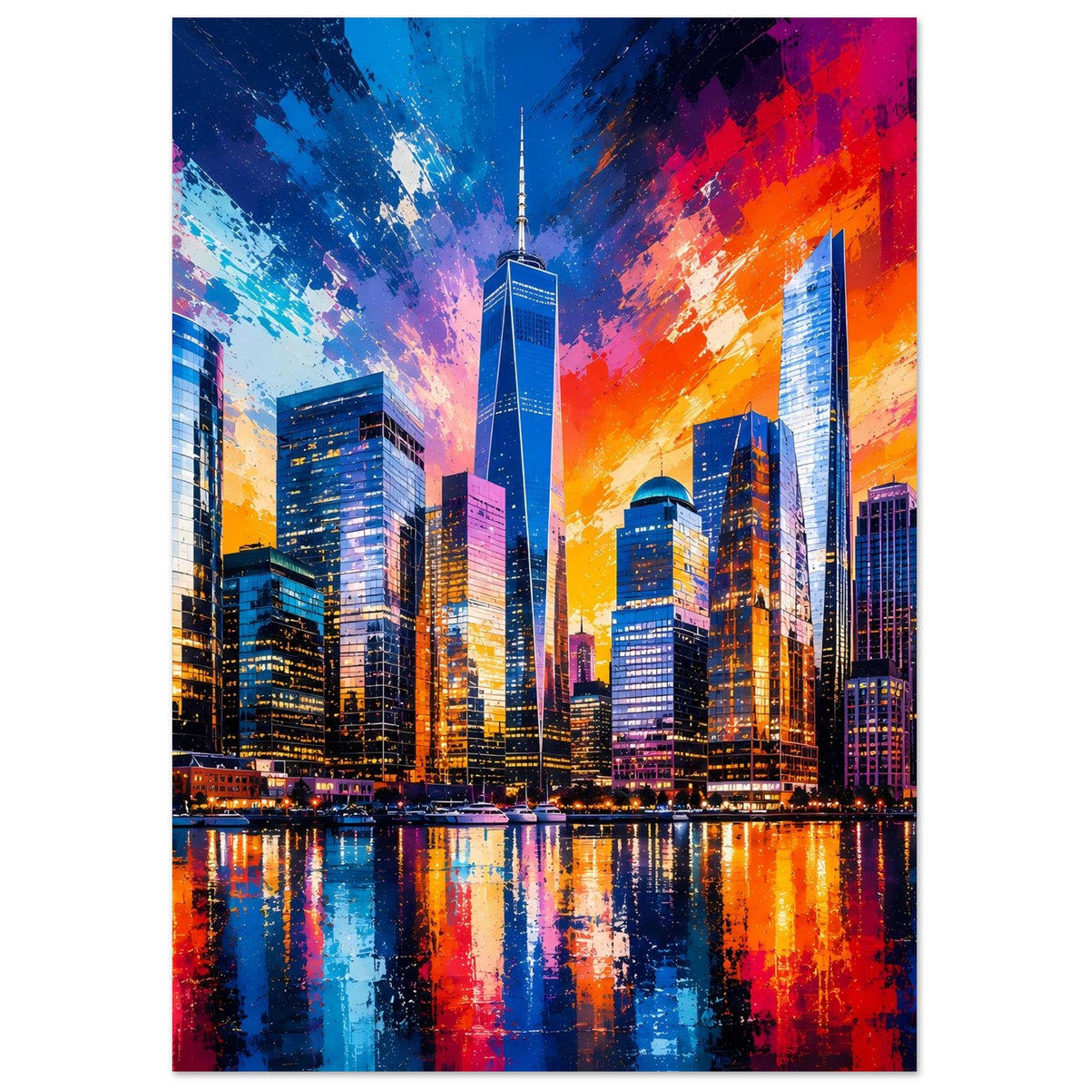 Stadt-Poster mit zentriertem Wolkenkratzer, kräftigen Farben und Wasserreflexen