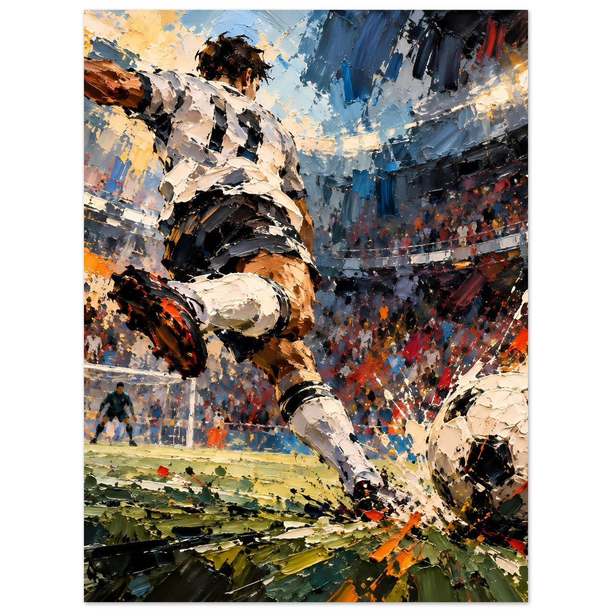 Vertikales Fußball-Actionposter: rennender Spieler links, Ball rechts, Farben im expressiven Spritzstil