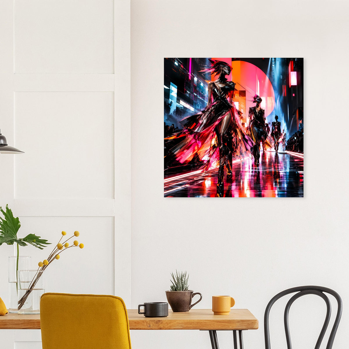Futuristisches Neon-Fashion-Poster mit zwei Laufsteg-Silhouetten, quadratischer Druck