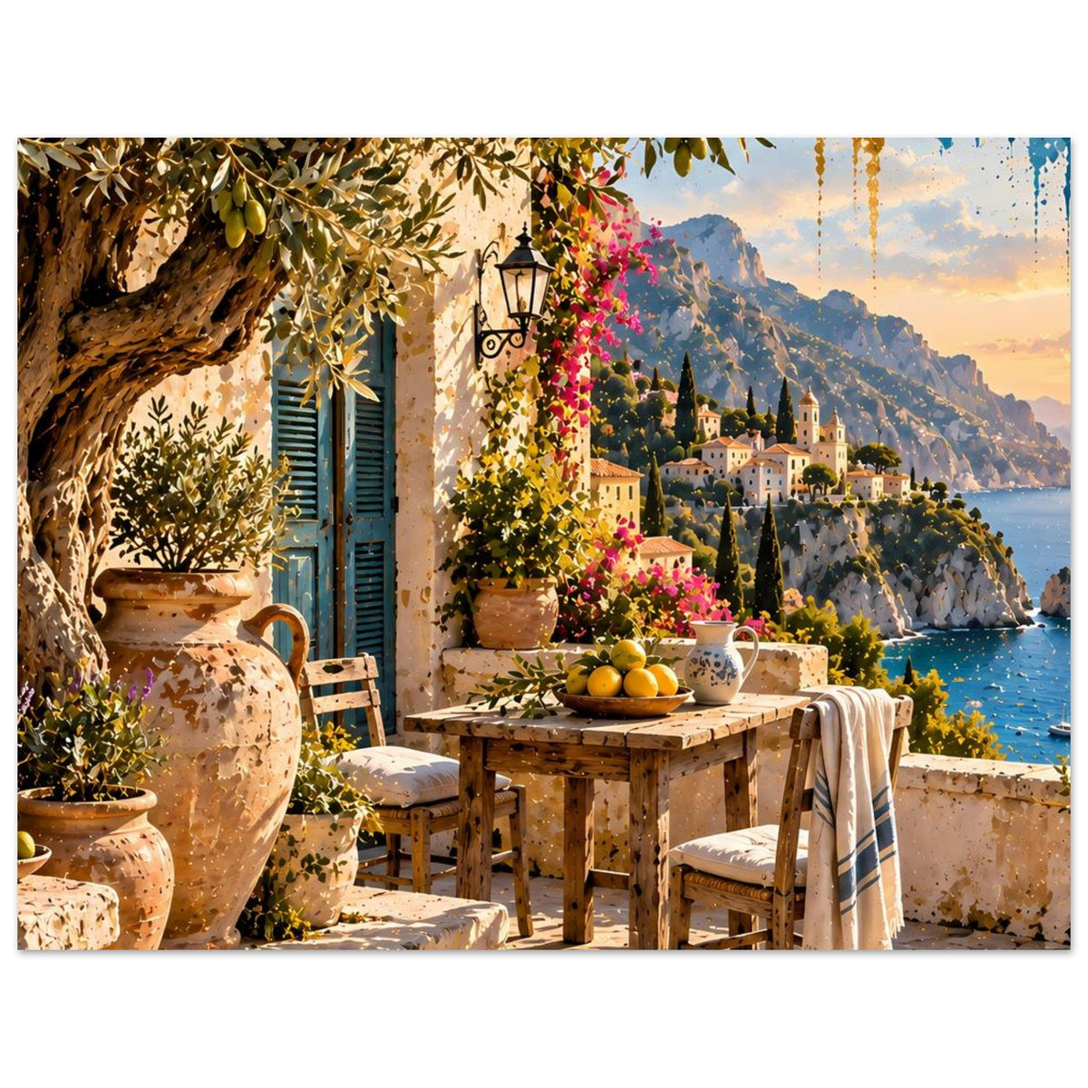 Sonnenuntergang-Poster mit Terrassenecke, Laterne, blühenden Pflanzen und Blick aufs Meer