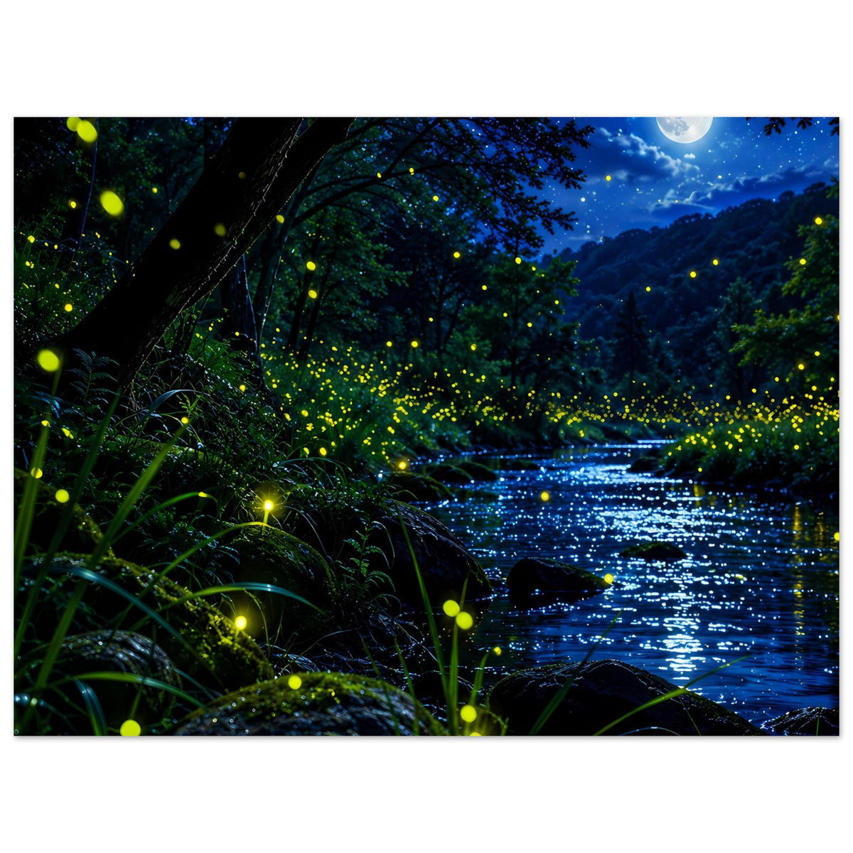 Poster im Querformat: Nachtwald am Fluss, leuchtende Glühwürmchen und Mondlicht