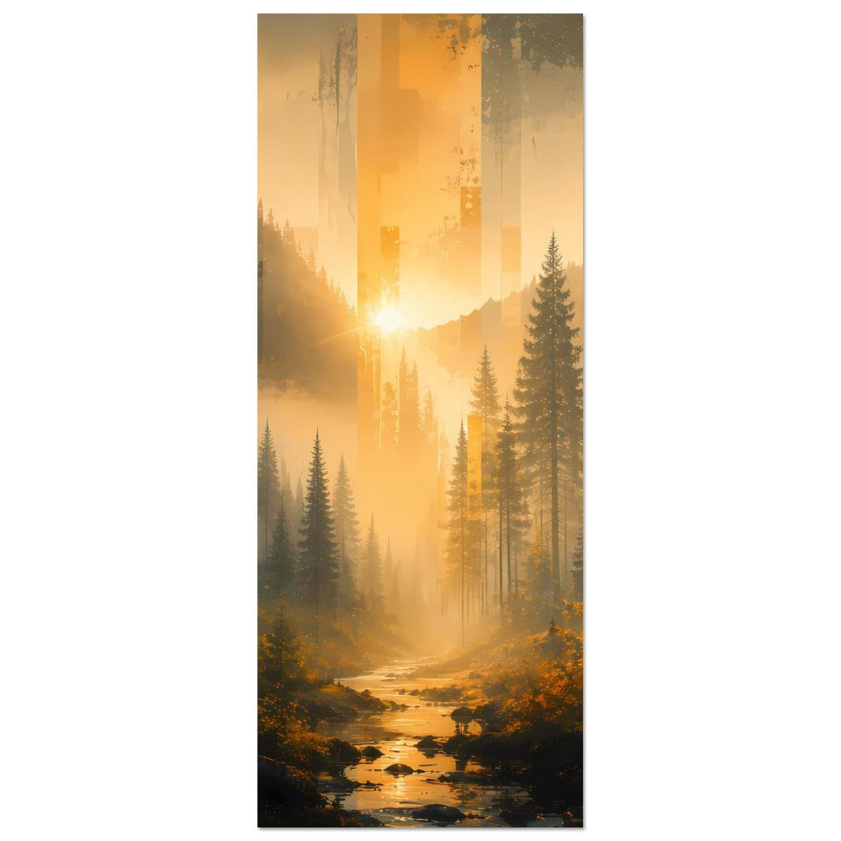 Vertikales Poster: Fluss durch den Tannenwald, warmer Sonnenaufgang und Nebel, mit Rahmen