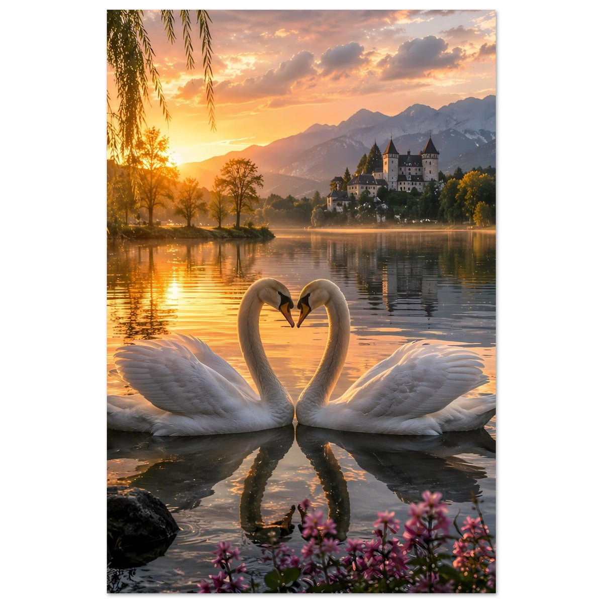 Poster im Hochformat: zwei Schwäne bilden ein Herz vor Schloss und Bergen im Abendlicht