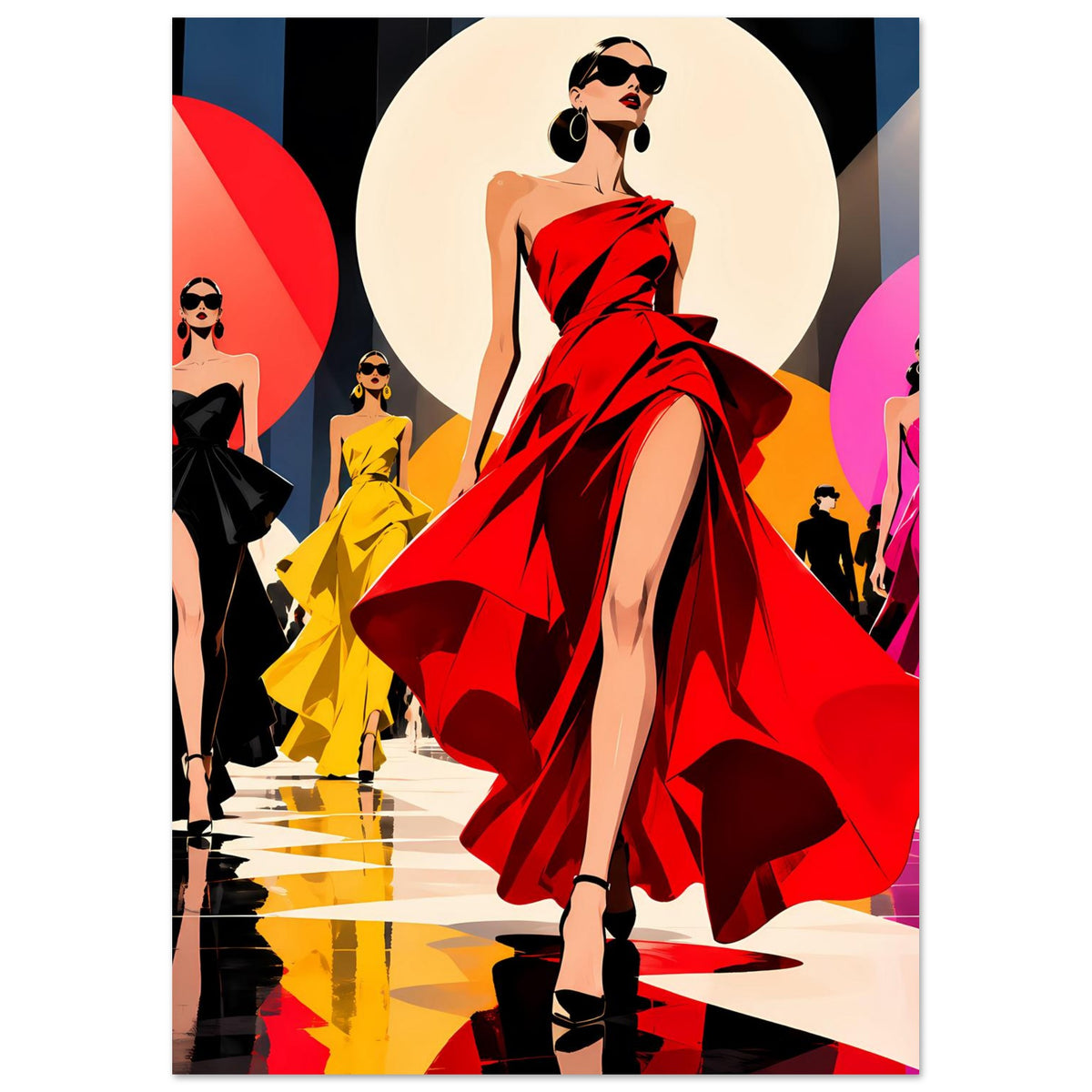Pop-Art-Fashionposter: Model im roten Kleid mit weitem Rock, Kopfporträt mit Sonnenbrille
