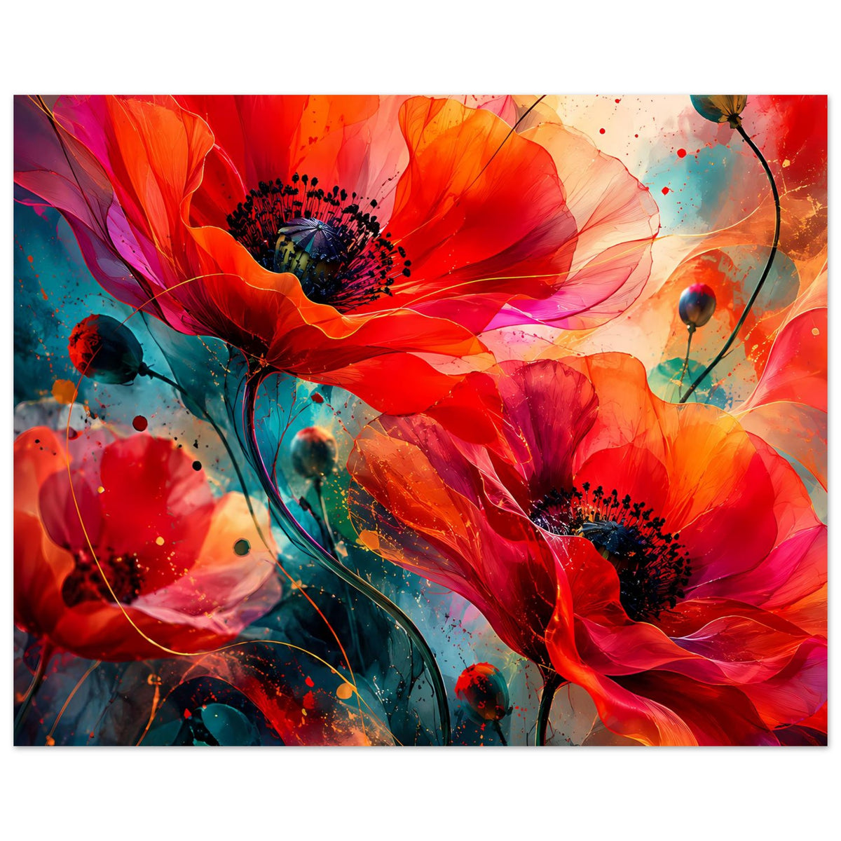 Blumenkunstposter im Querformat: rote Blüten, schwarze Staubkerne, bunte Farbpunkte