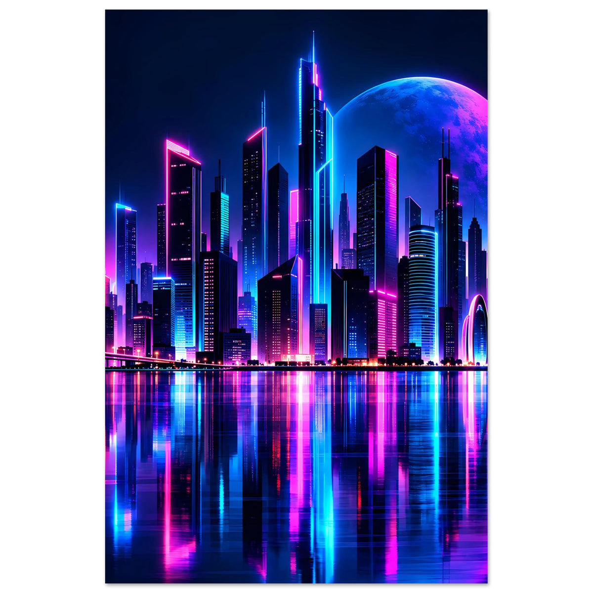 Neon-Stadtposter im Hochformat mit futuristischer Skyline, neonrosa und blau leuchtende Wolkenkratzer