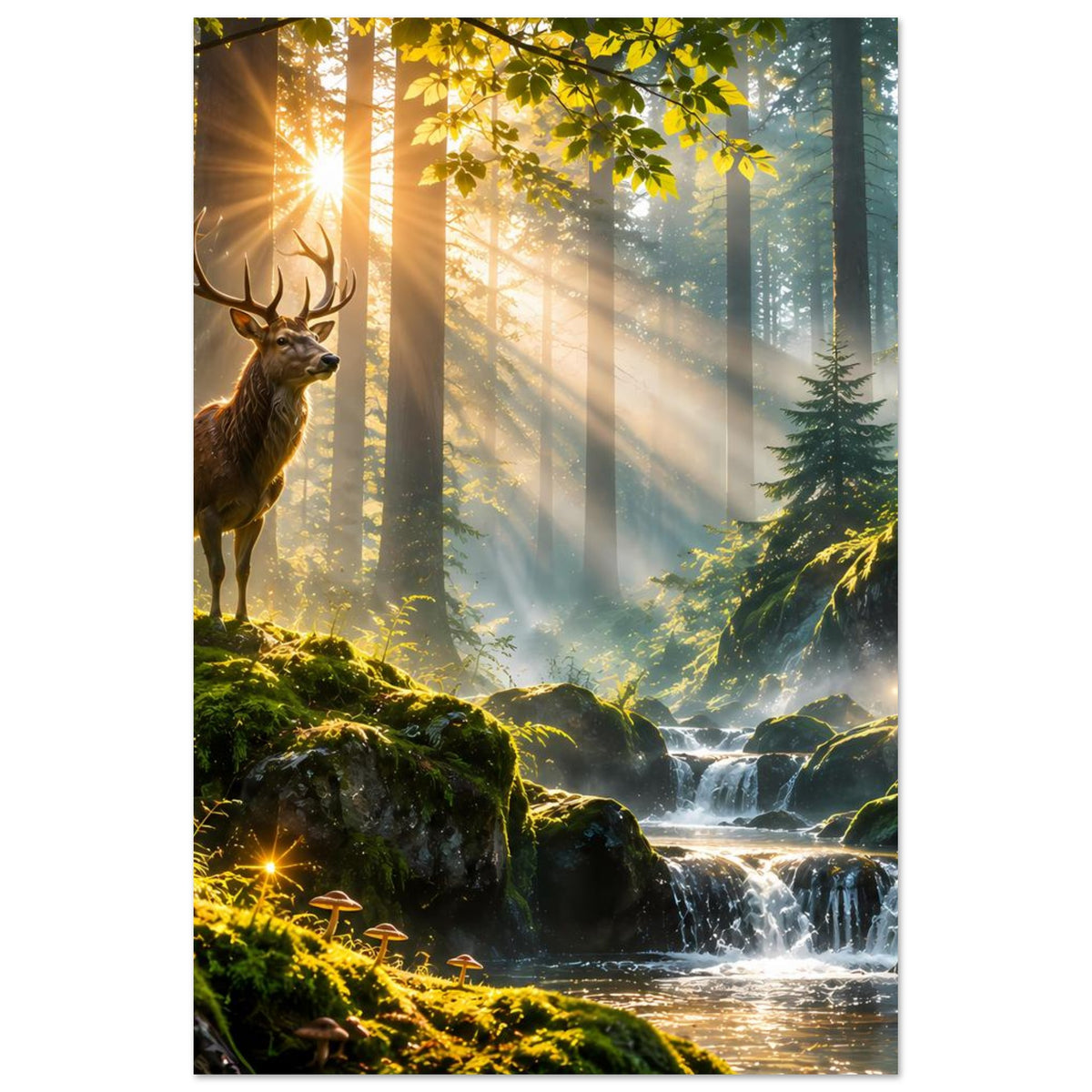 Waldlandschaft-Poster im Hochformat: Hirsch im Vordergrund, Wasserfall, Sonnenlicht zwischen Bäumen