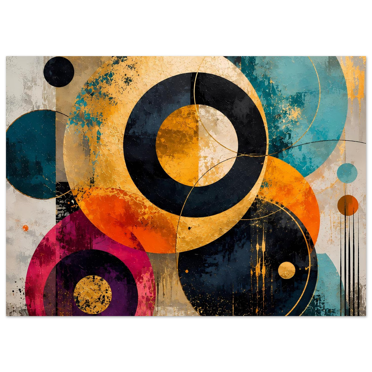 Abstraktes Kreis-Poster, horizontal: farbige Kreise mit Spritztextur in Blau, Orange und Violett.