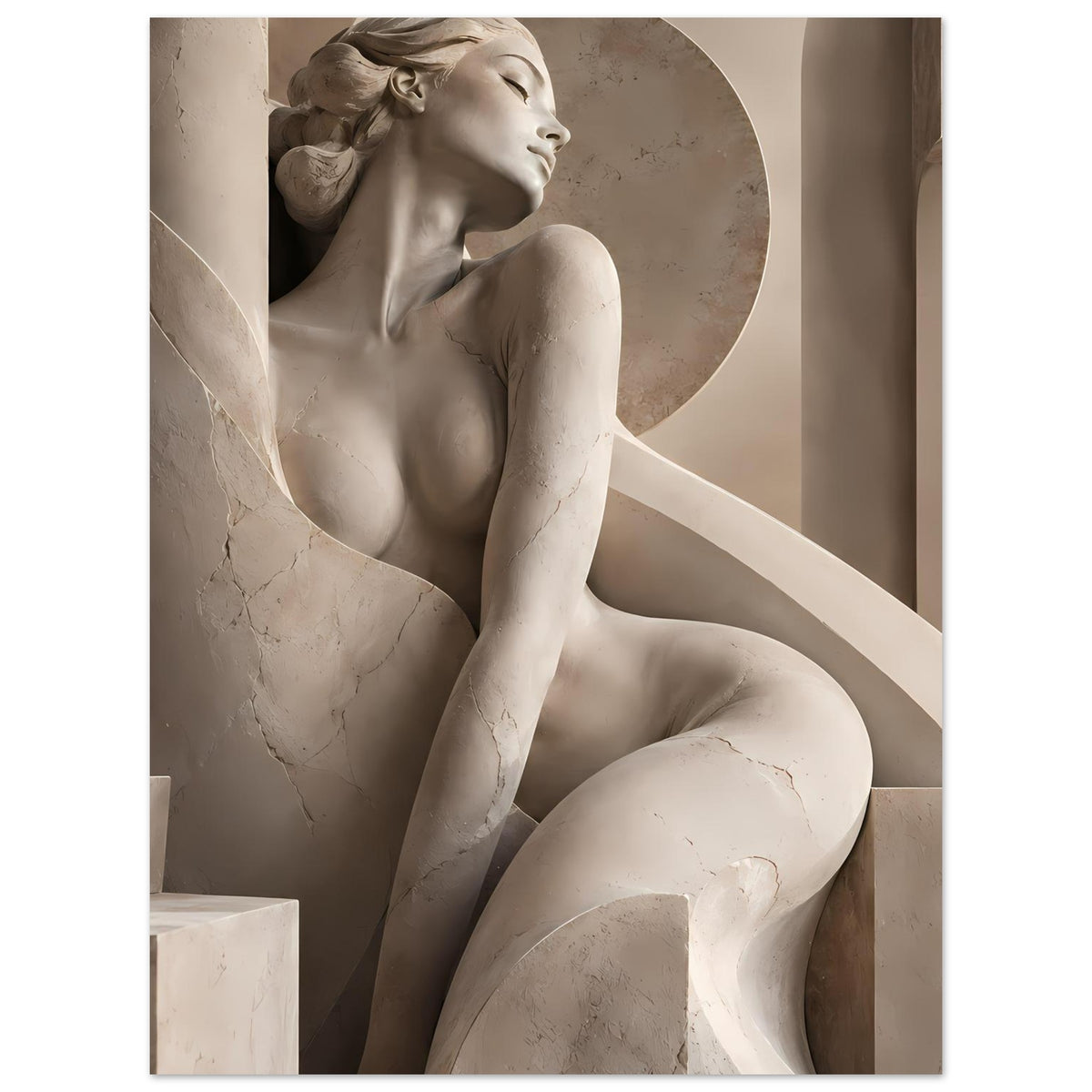 Poster mit skulpturalem Porträt einer nackten Figur in warmen Erdtönen, Hochformat