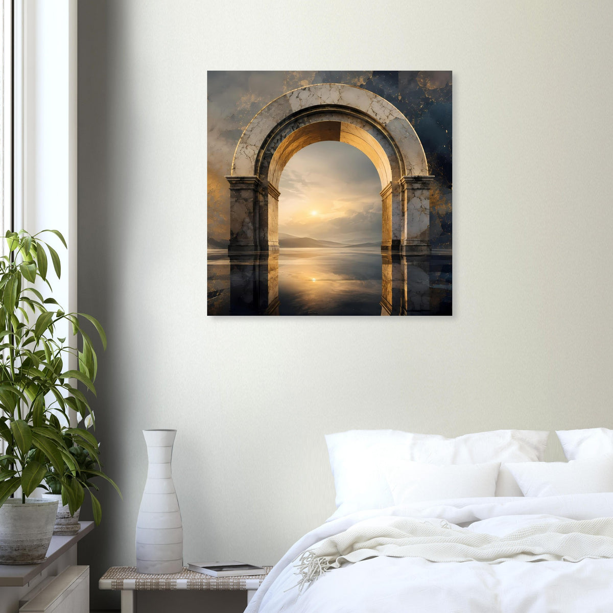 Poster mit Marmorbogen-Portal, goldene Wolken und Wasserfläche im Hintergrund