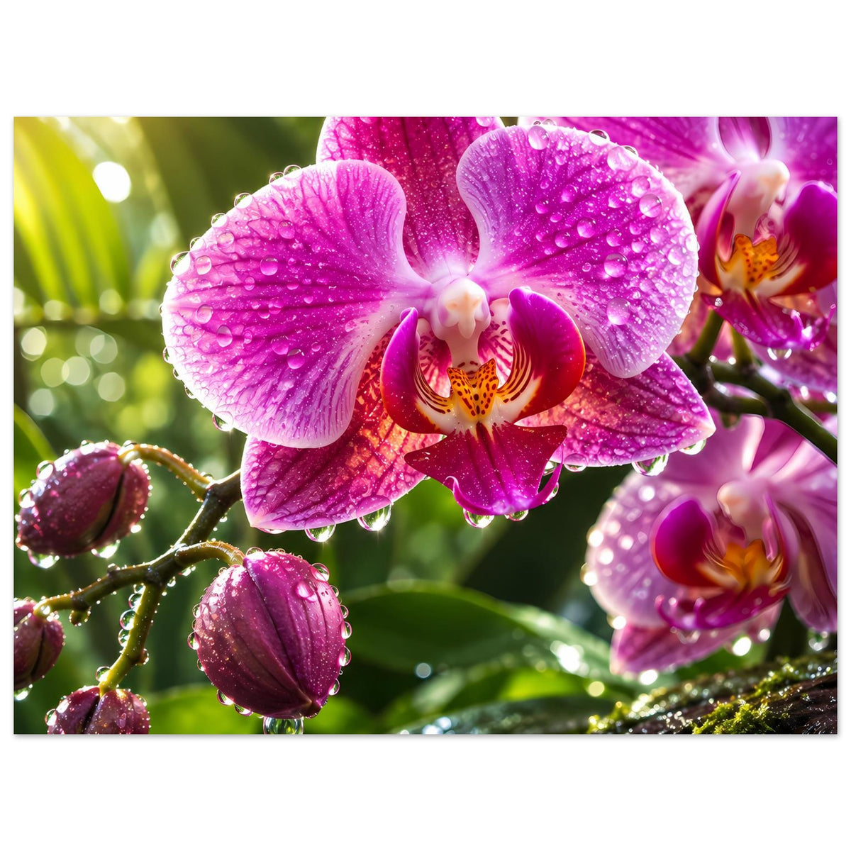 Poster mit zwei pinken Orchideenblüten, Knospen und glitzernden Wassertropfen