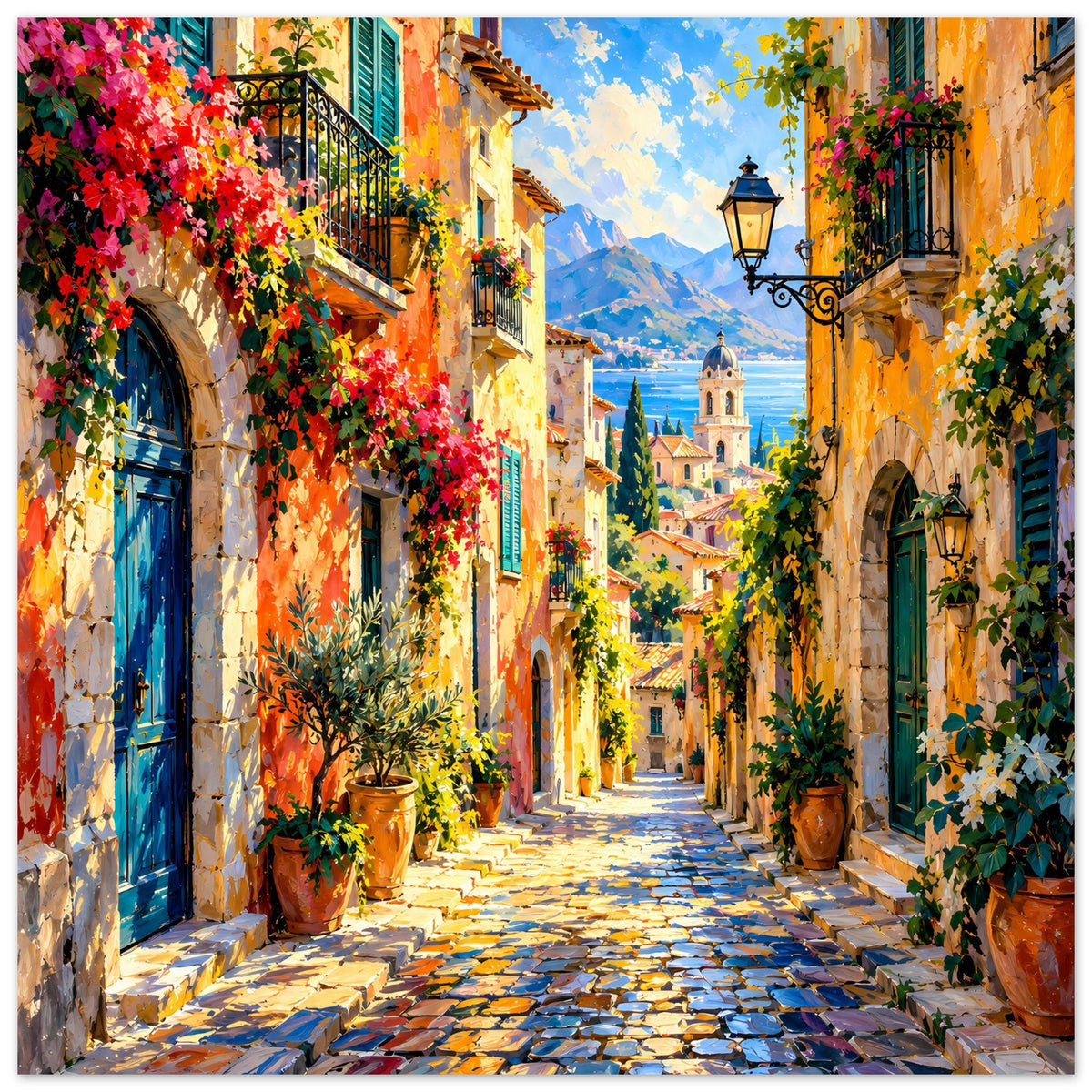 Kunstposter mit mediterraner Gasse, Pflanzkübeln, blauen Türen, Straßenlaterne und Bergblick