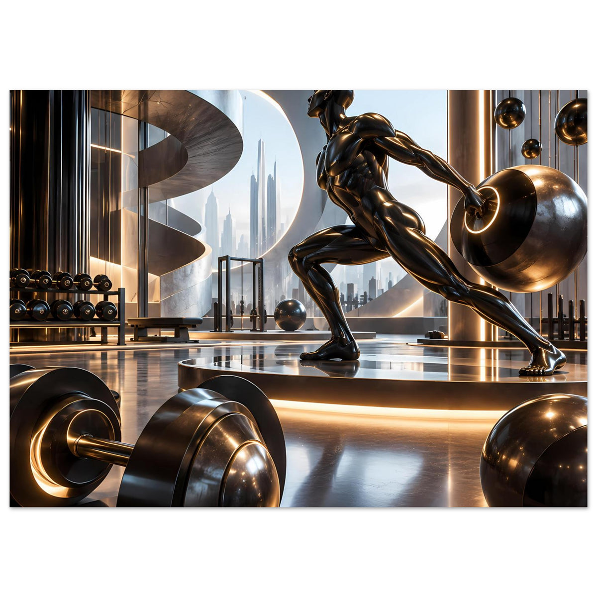Fitnessposter mit goldener Bronzefigur und Hantelscheiben vor futuristischer Kulisse