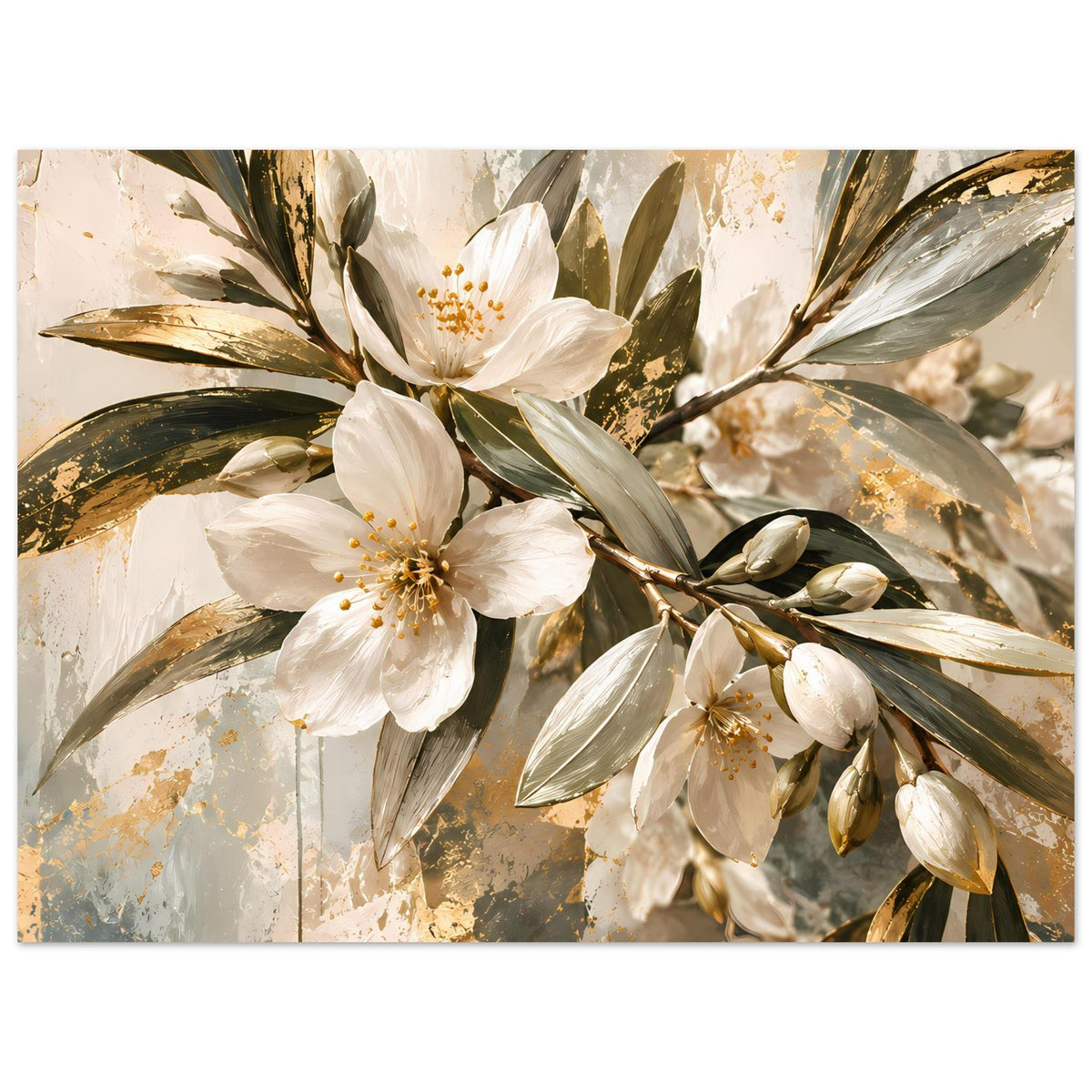 Blumenwandbild mit weißen Blüten, grünen Blättern und goldfarbenem Pinselauftrag