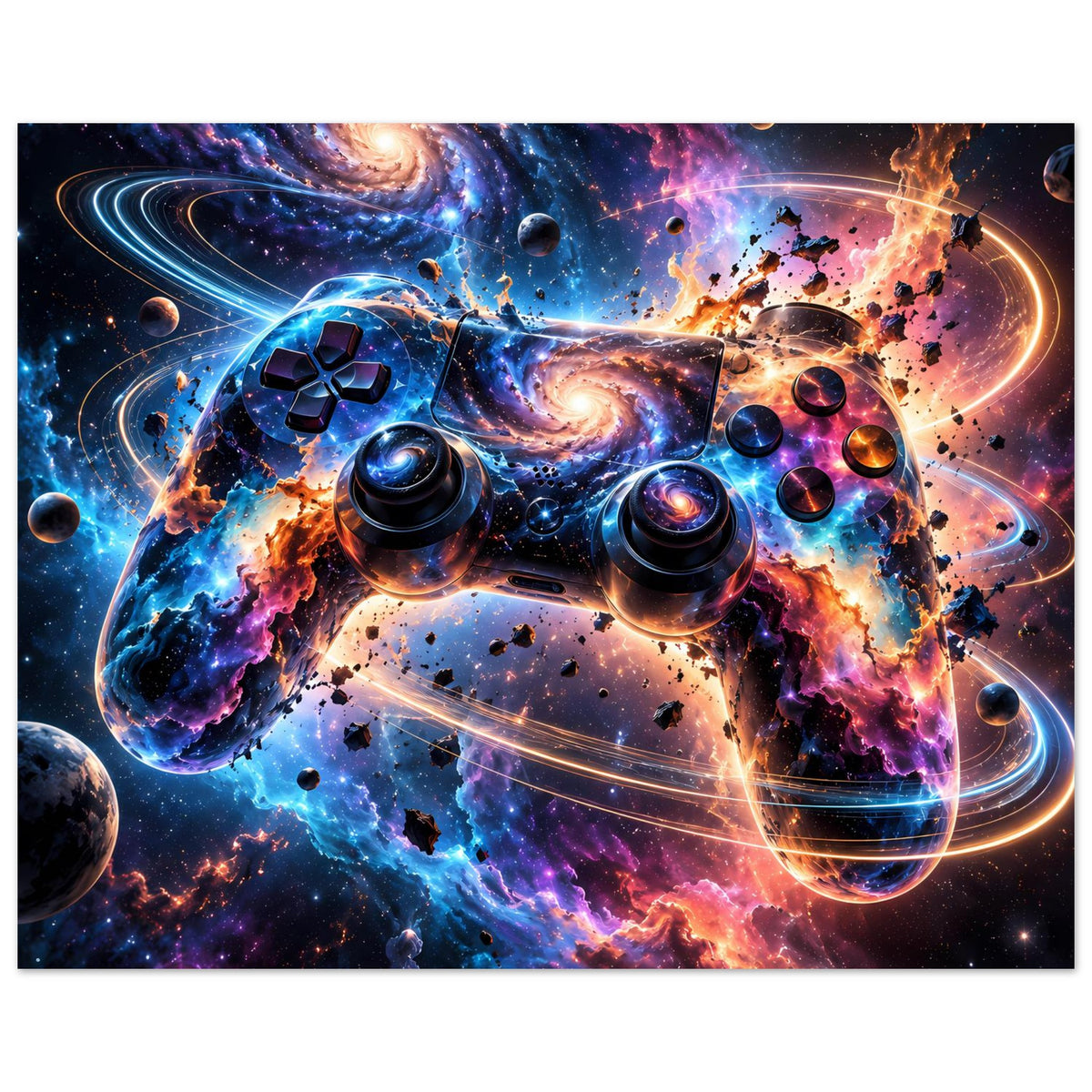 Galaxy-Poster im Querformat: Gamecontroller-Design mit Planeten, Nebeln und Sternen