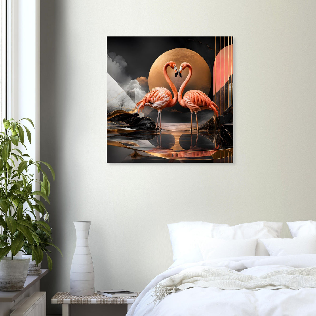 Flamingo-Wandposter mit zwei Flamingos und Spiegelung, goldene runde Hintergrundfläche