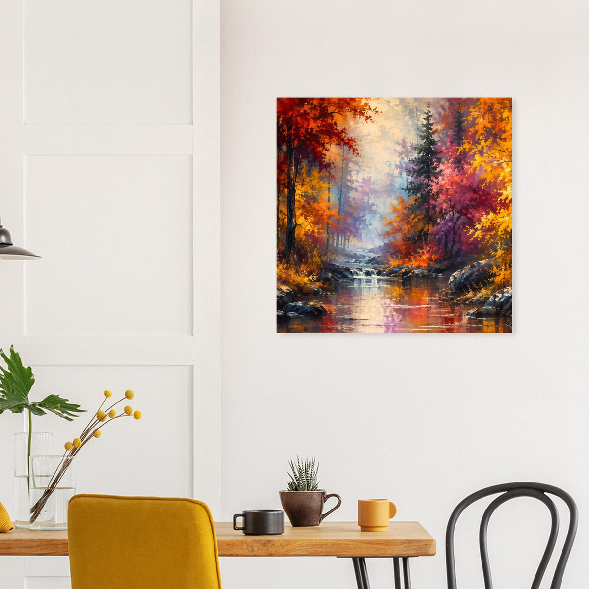 Quadratisches Poster mit Herbstwald-Flussmotiv, kräftige Orange- und Rottöne