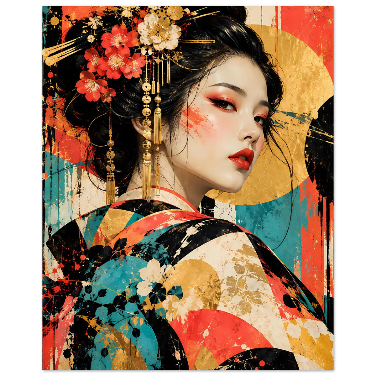 Geisha-Kunstposter mit Gesicht in Fokus, goldener Ornamentkette und gemustertem Kimono