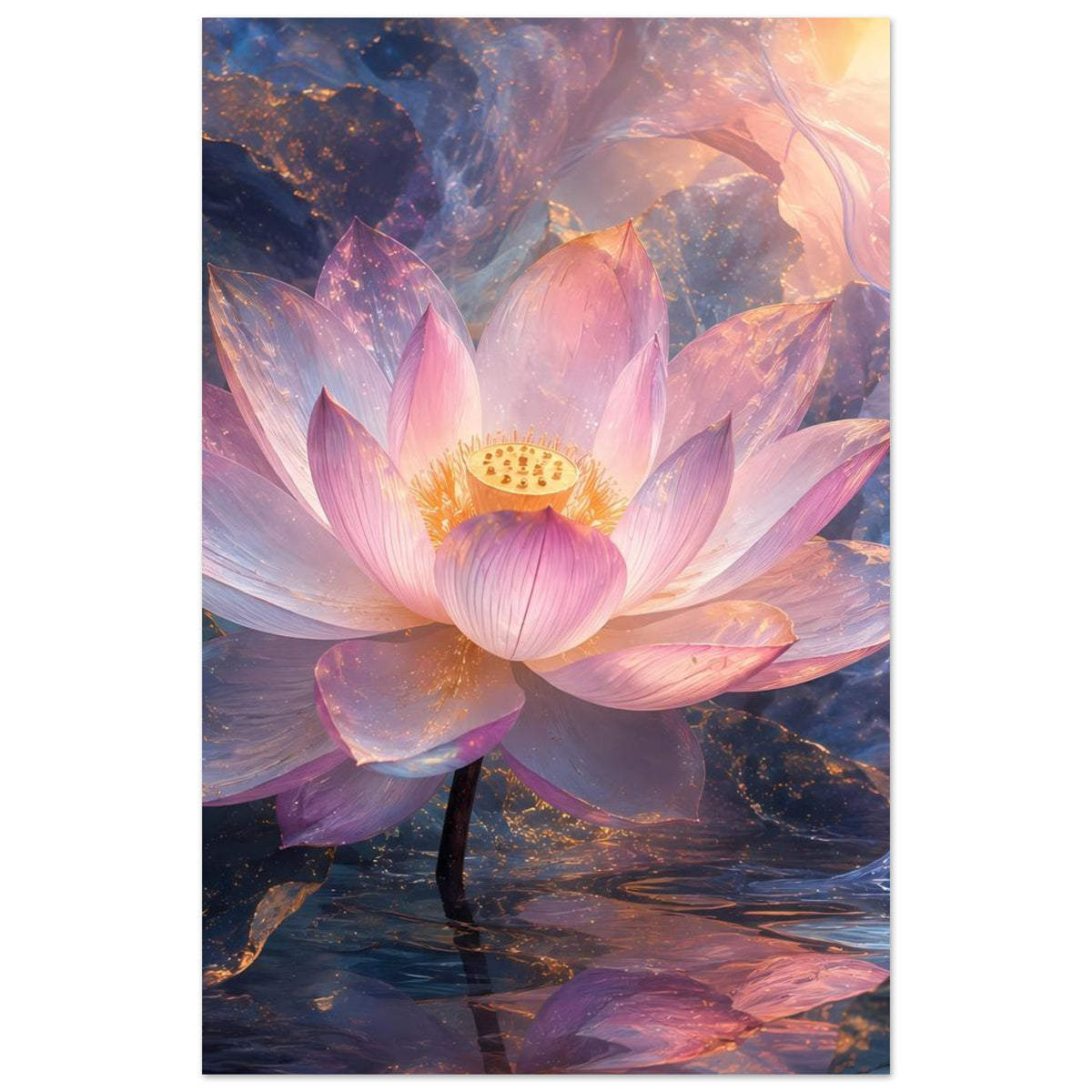Lotusblüten-Poster, vertikal: zentrale Lotusblüte in Rosa, Lila und Gold