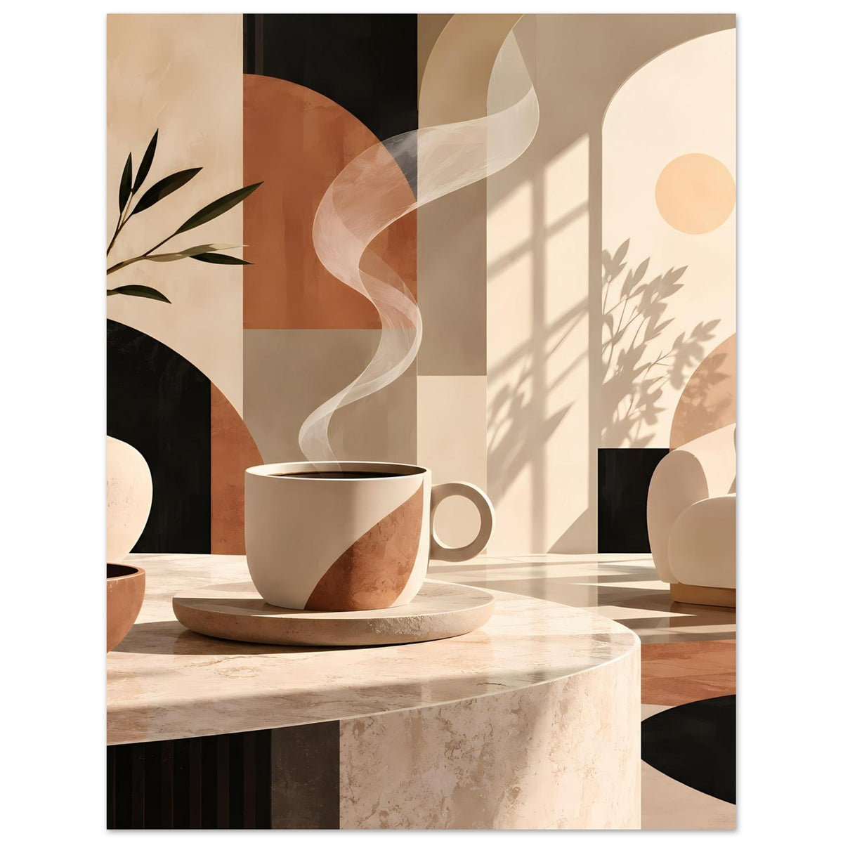 Poster zeigt Erdtöne-Komposition mit Tasse und Untertasse auf hellem Tisch, Sofa rechts