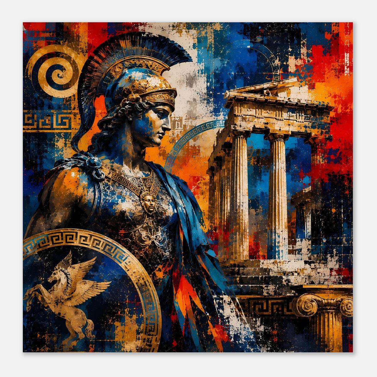 Nahes Poster: blau-goldener Kriegerkopf mit Helmornament, antike Säulen im Sprühstil
