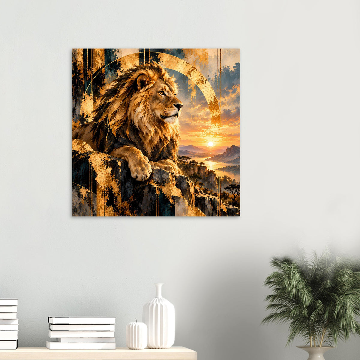 Kleines quadratisches Löwen-Sonnenuntergangs-Poster: Löwe auf Felsen, Sonne am Horizont