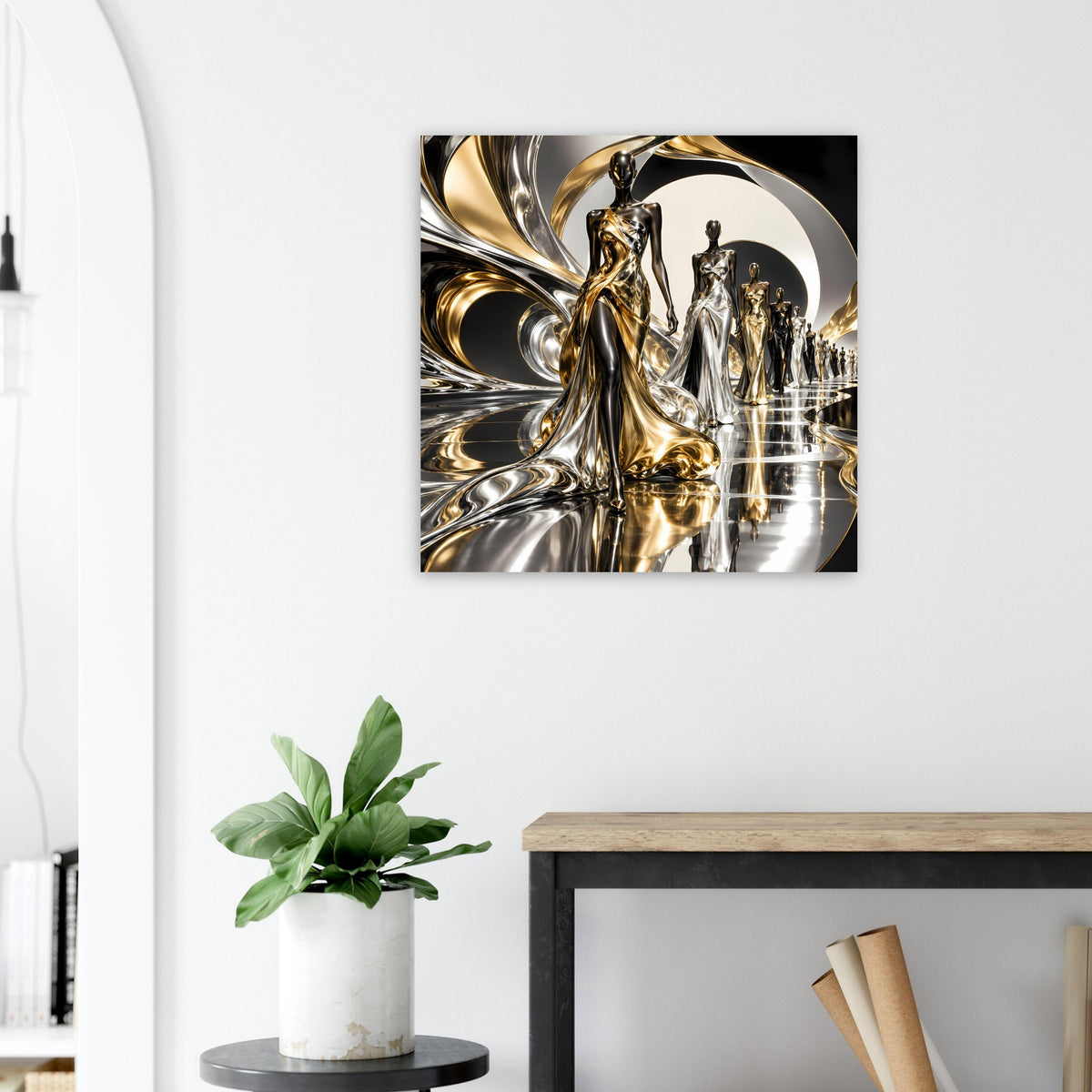 Poster mit gold-silberner Metalloptik: Figurengruppe vor hellem Kreisornament