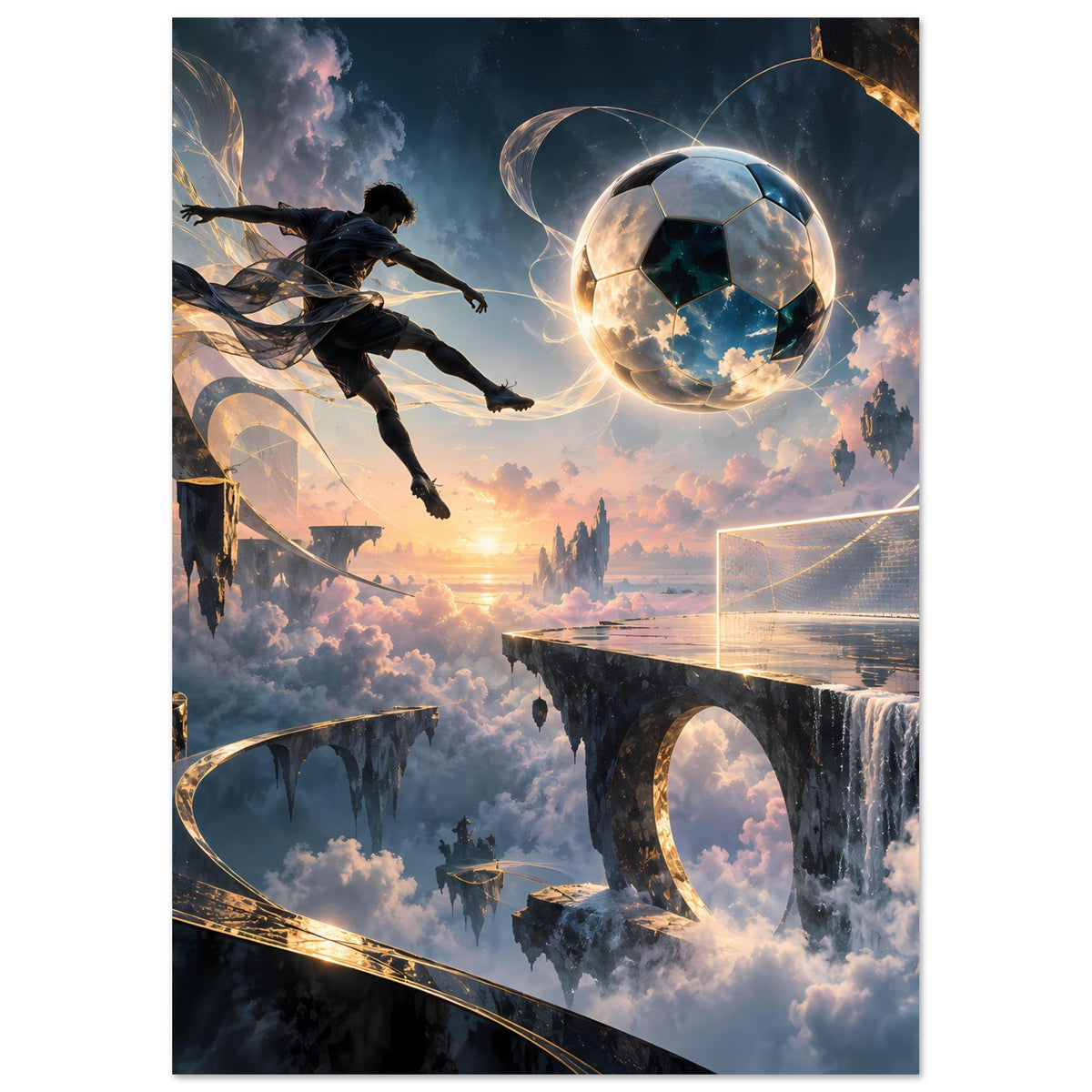 Hochformat-Fußball-Poster mit schwebendem Ball, Spieler in Flugpose und Torwand mit Lichtkranz.