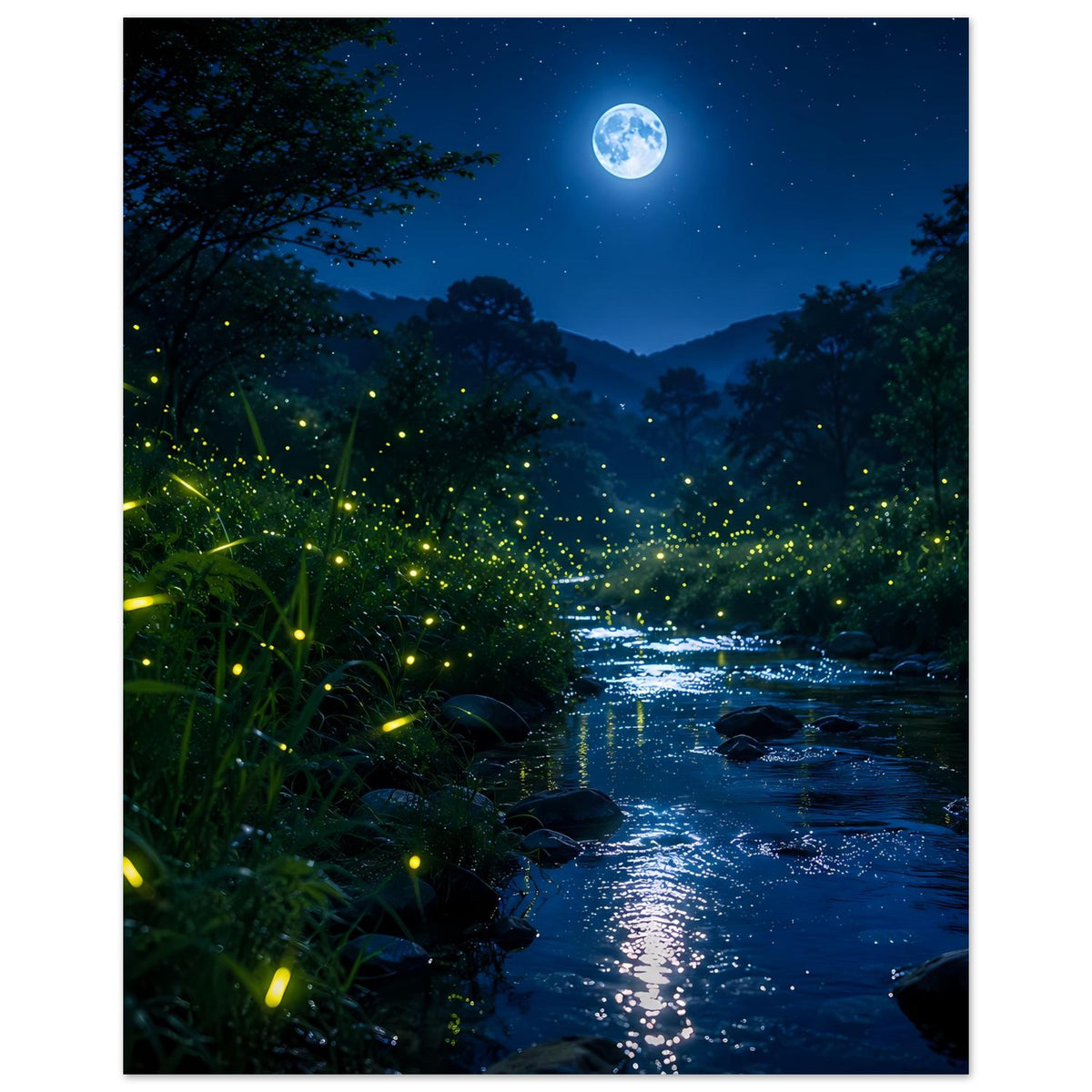 Hochformat-Wandposter mit Mond am Himmel und leuchtenden Glühwürmchen am Fluss