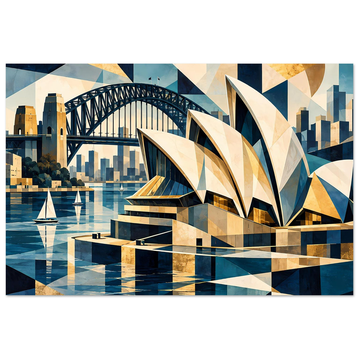Geometrischer Kunstdruck mit Sydney Harbour-Brücke, goldene Stege und türkisfarbene Flächen