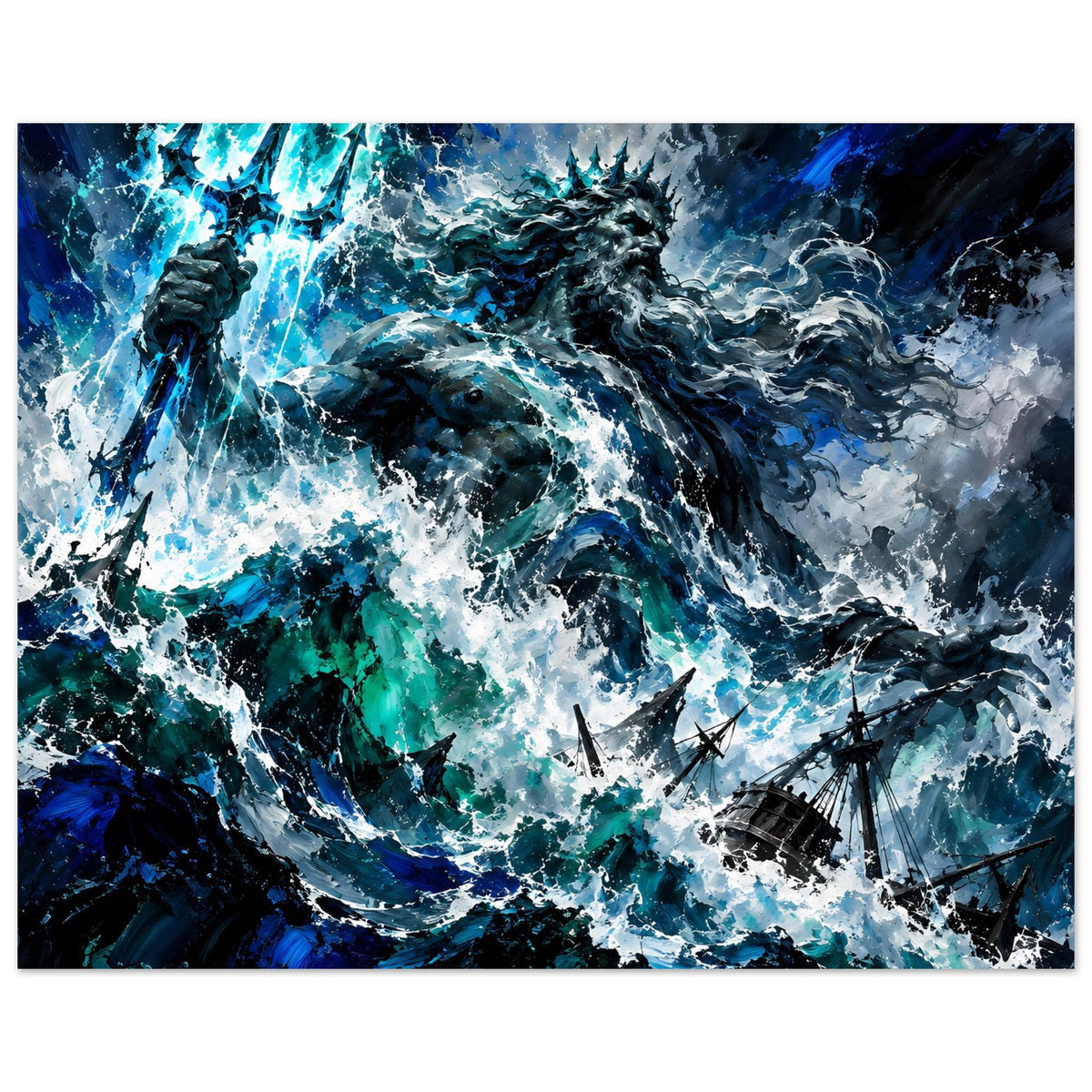 Sturm-Poster im Querformat: Poseidon thront über riesigen Wellen, Schiffe im Chaos