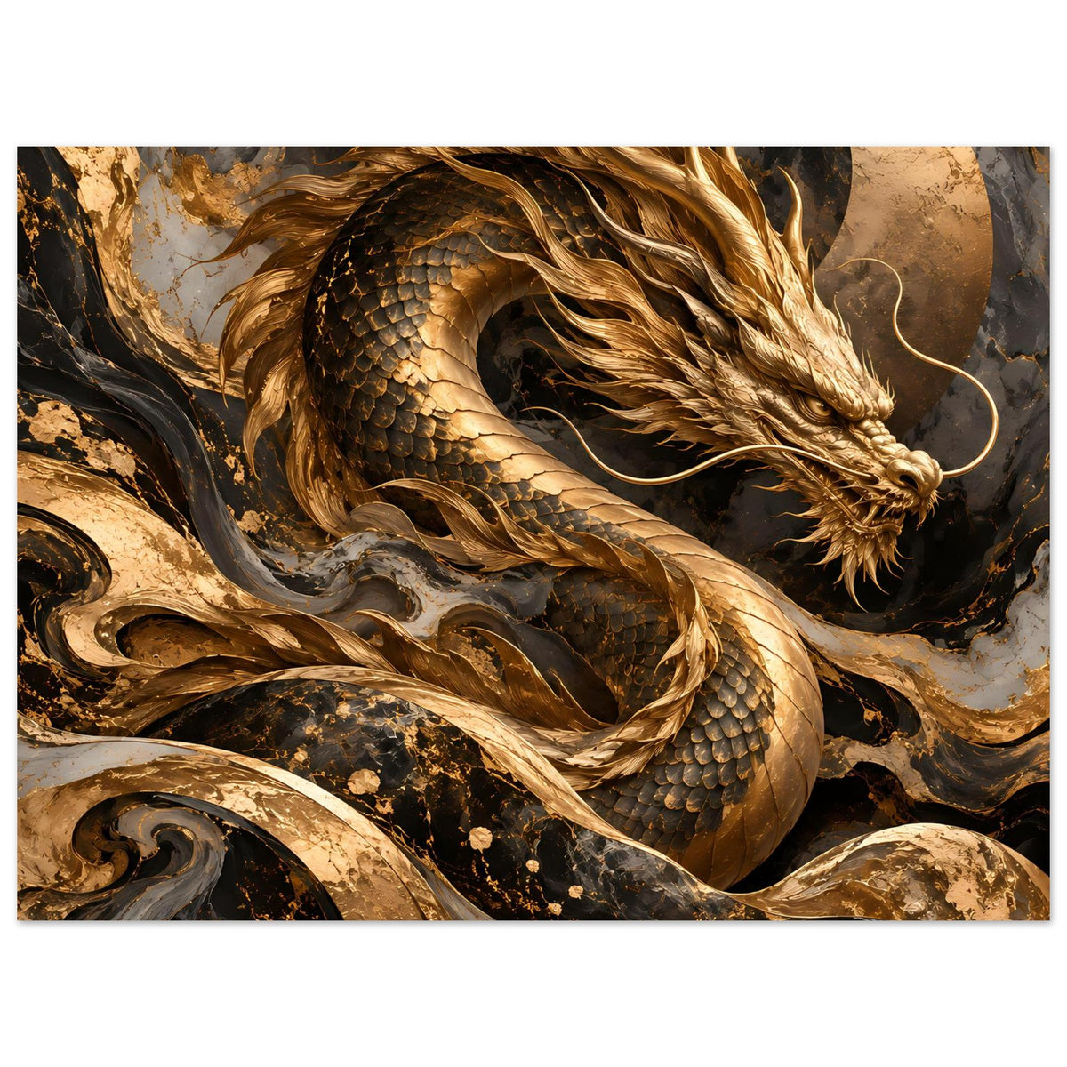 Fantasy-Poster: goldener Drache mit Kopf und Schlangenkörper, Detailillustration