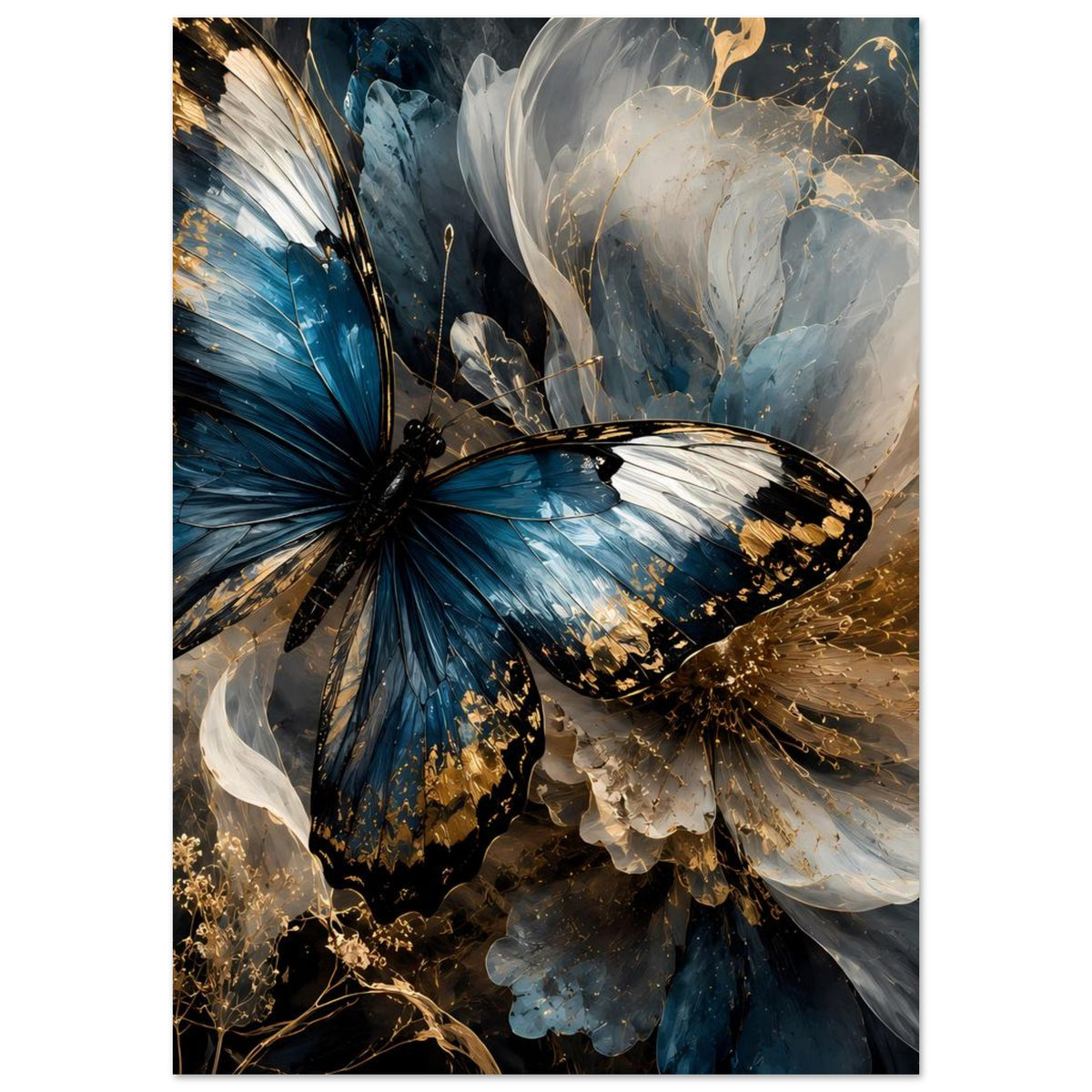 Luxuriöses Premium-Poster: großer Schmetterling in Blau und Gold mit weißen Flügeln