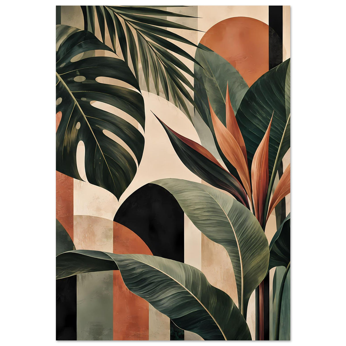 Botanisches Kunstposter mit gestreiften Palmenblättern in Dunkelgrün, Beige und Rostorange.