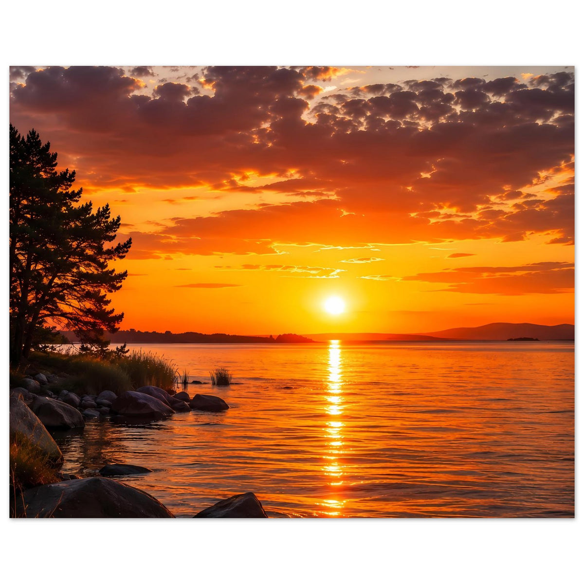 Wandposter im Querformat: Sonnenuntergang am See, goldene Sonne, Wolken und Steine am Ufer